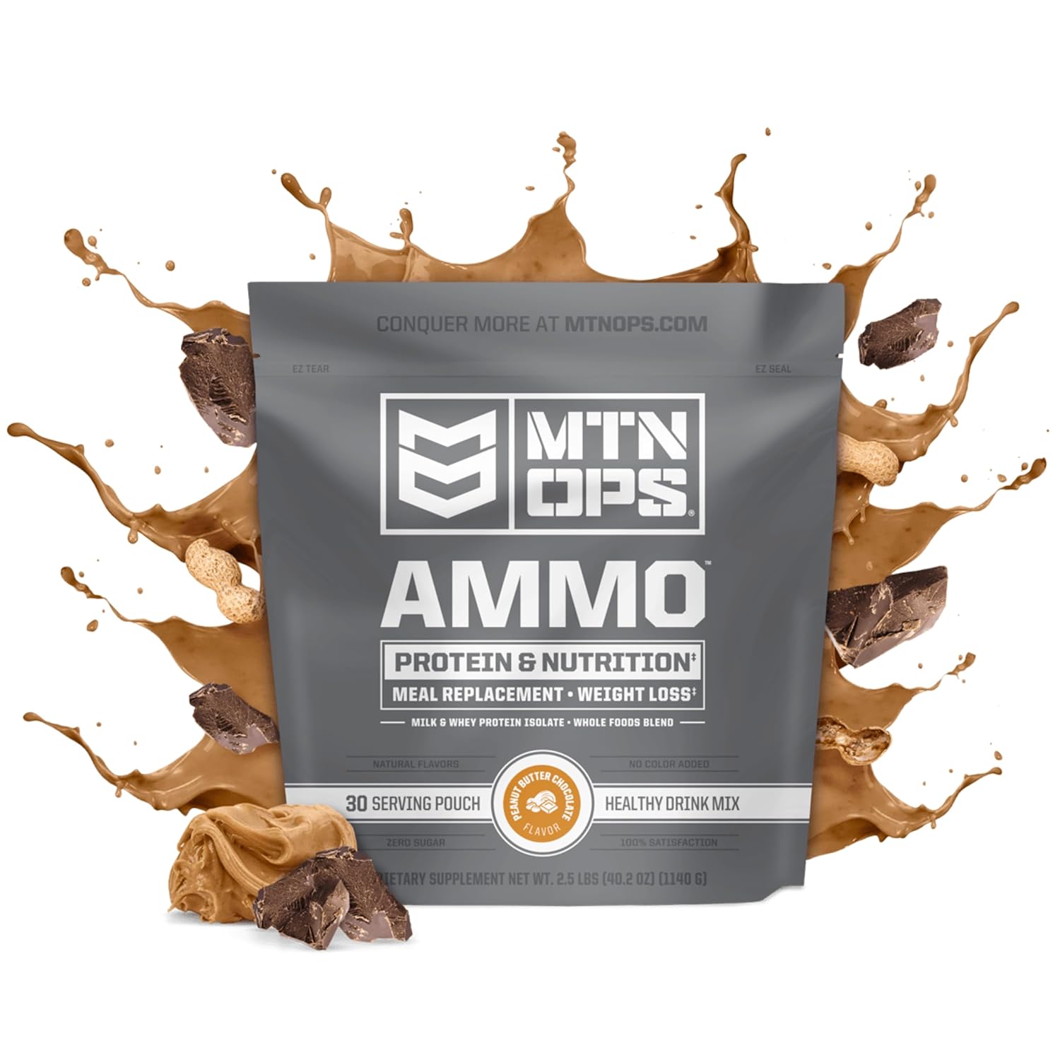 MTN OPS Batido de reemplazo de comida en polvo de proteína de munición para construcción muscular magra, 28 porciones, chocolate con mantequilla de