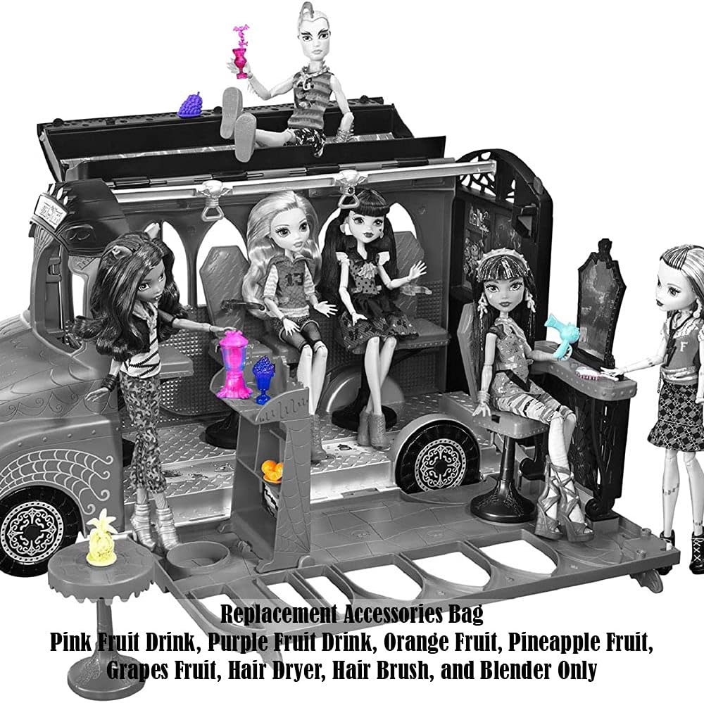 Piezas de repuesto para Monster High Deluxe Bus Playset – FCV63  Bolsa de accesorios de repuesto  Bebidas de frutas, secador de pelo, licuadora