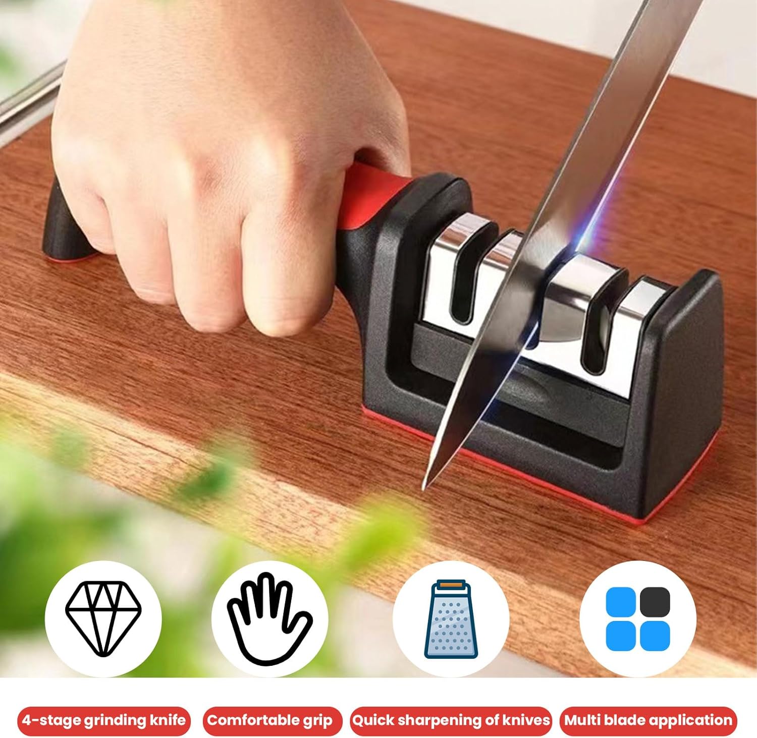 Afilador de cuchillos de mano de 4 etapas, afilador de cuchillos de cocina y bolsillo para cuchillos de acero cerámico y tijeras, reparación y