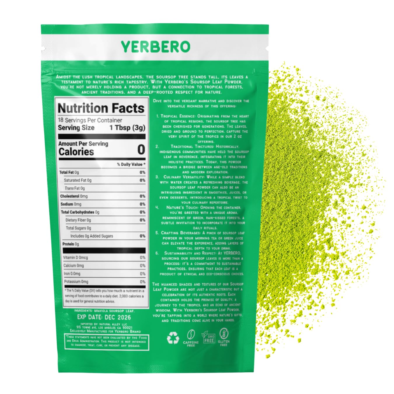 Yerbero – Polvo de guanábana de graviola seca de primera calidad, 2 oz (56 g) Hoja de Guanabana En Polvo, 100% Natural Delicioso Té Fresco  De