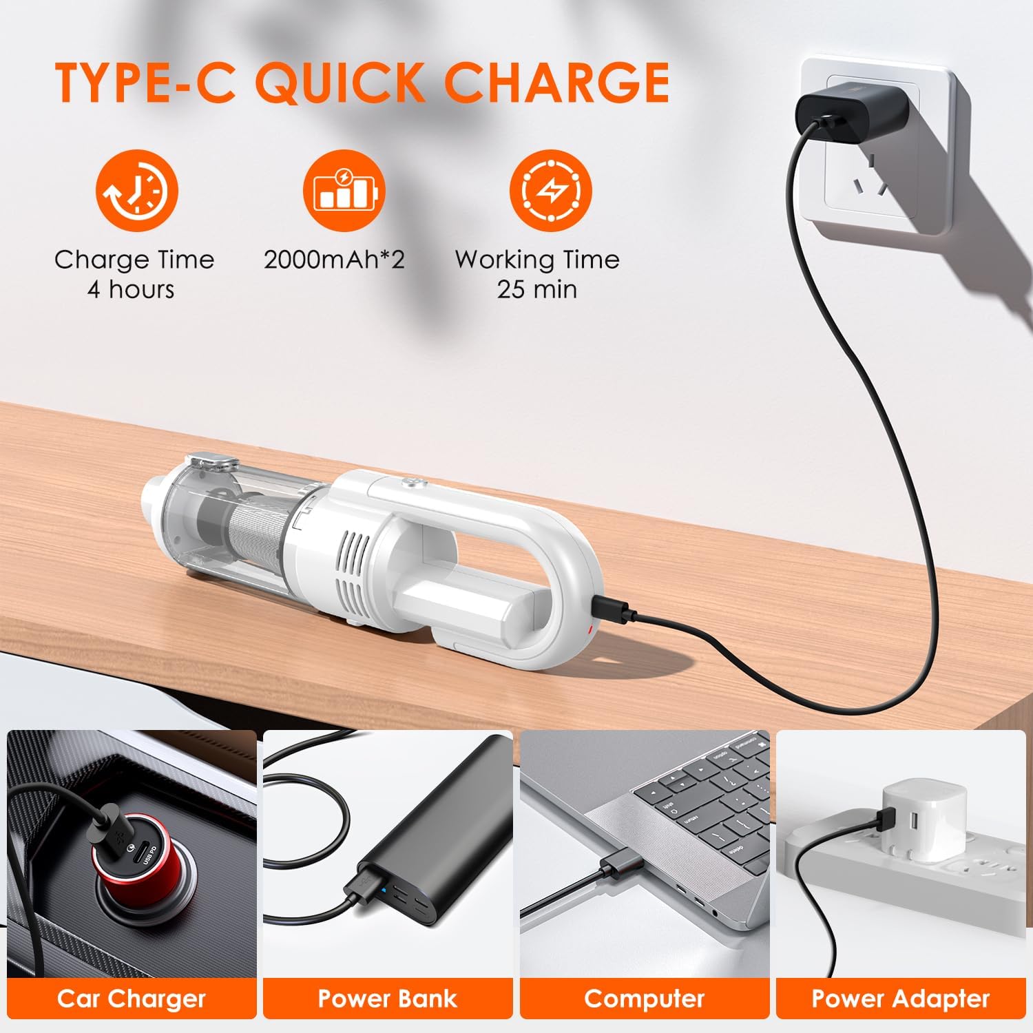 Aspirador de mano inalámbrico para automóvil, 12000 PA, potente aspirador de mano con luz LED, mini aspiradora portátil de mano recargable para