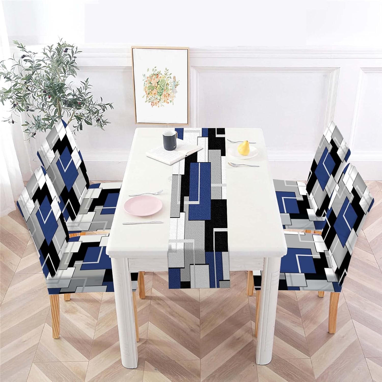 MCALK Juego de 4 fundas geométricas para sillas y camino de mesa, fundas elásticas color azul marino para cocina, protector de silla lavable