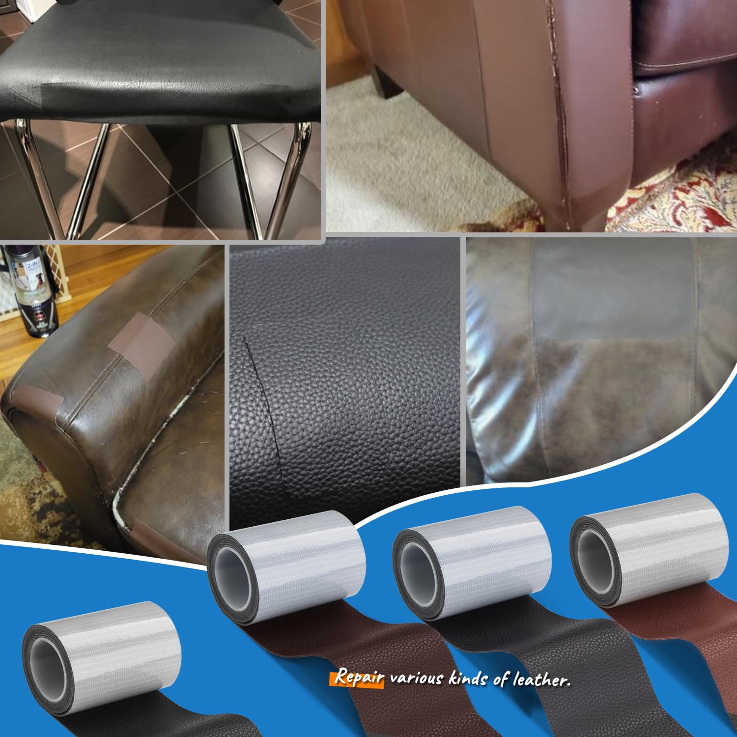 HomeProtect Parche para reparación de cuero, kit de cinta para reparación de cuero, 3.15 x 65 pulgadas, parche autoadhesivo azul de 4 capas para