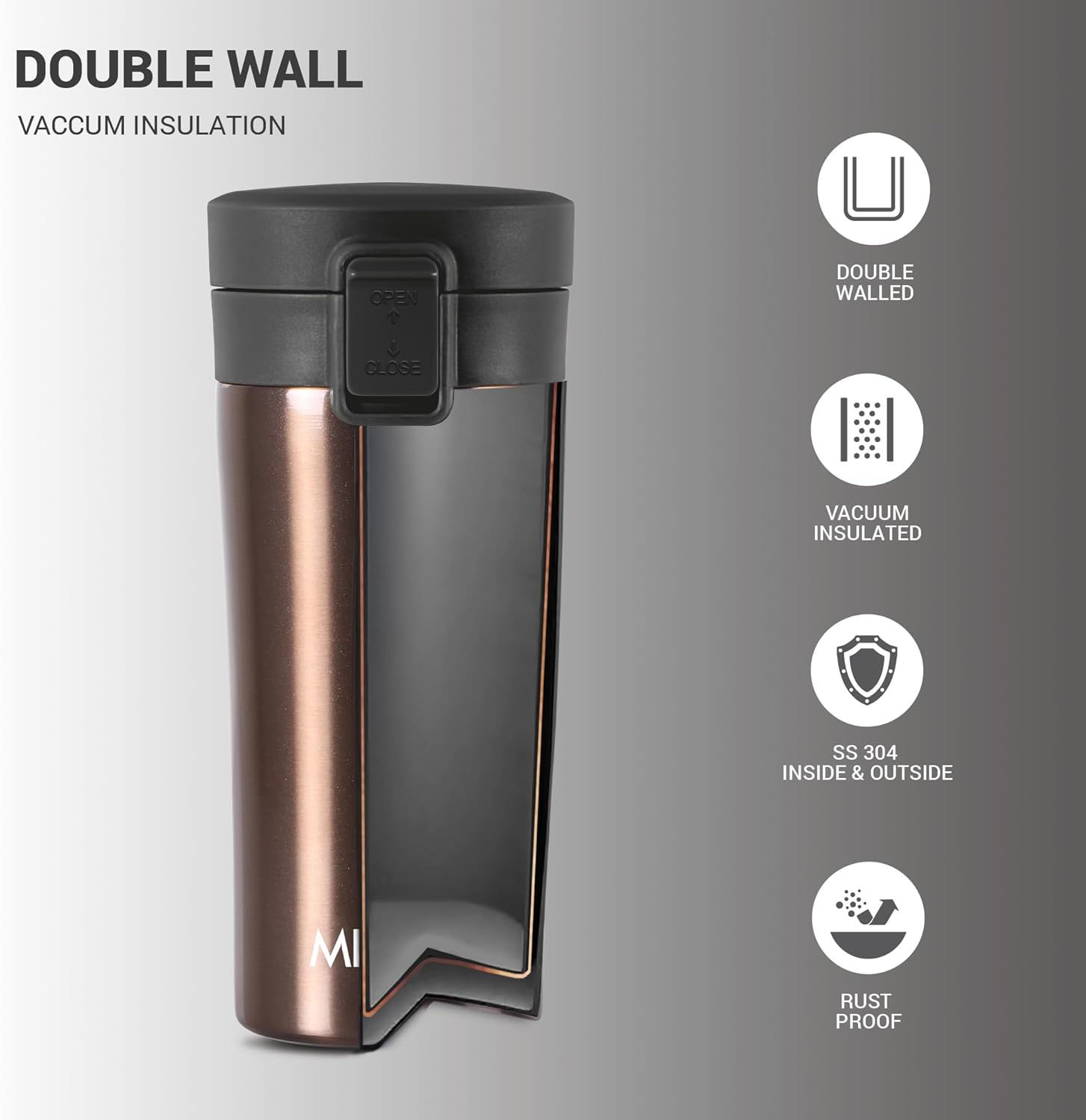 MILTON Taza de café aislada al vacío de doble pared con tapa a prueba de fugas, tazas de café reutilizables  Taza de café de viaje para automóvil