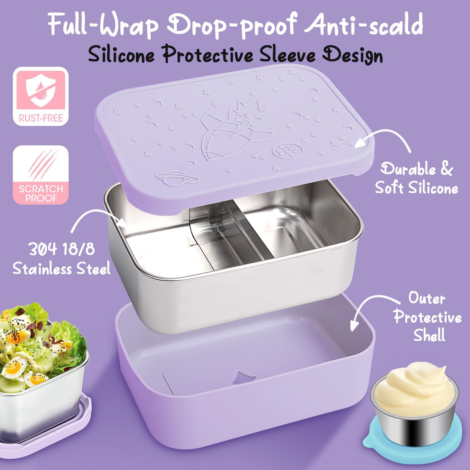 Juego de 3 cajas de almuerzo Bento de acero inoxidable, 28.7 onzas, a prueba de fugas, cajas de almacenamiento de alimentos de metal divididas con
