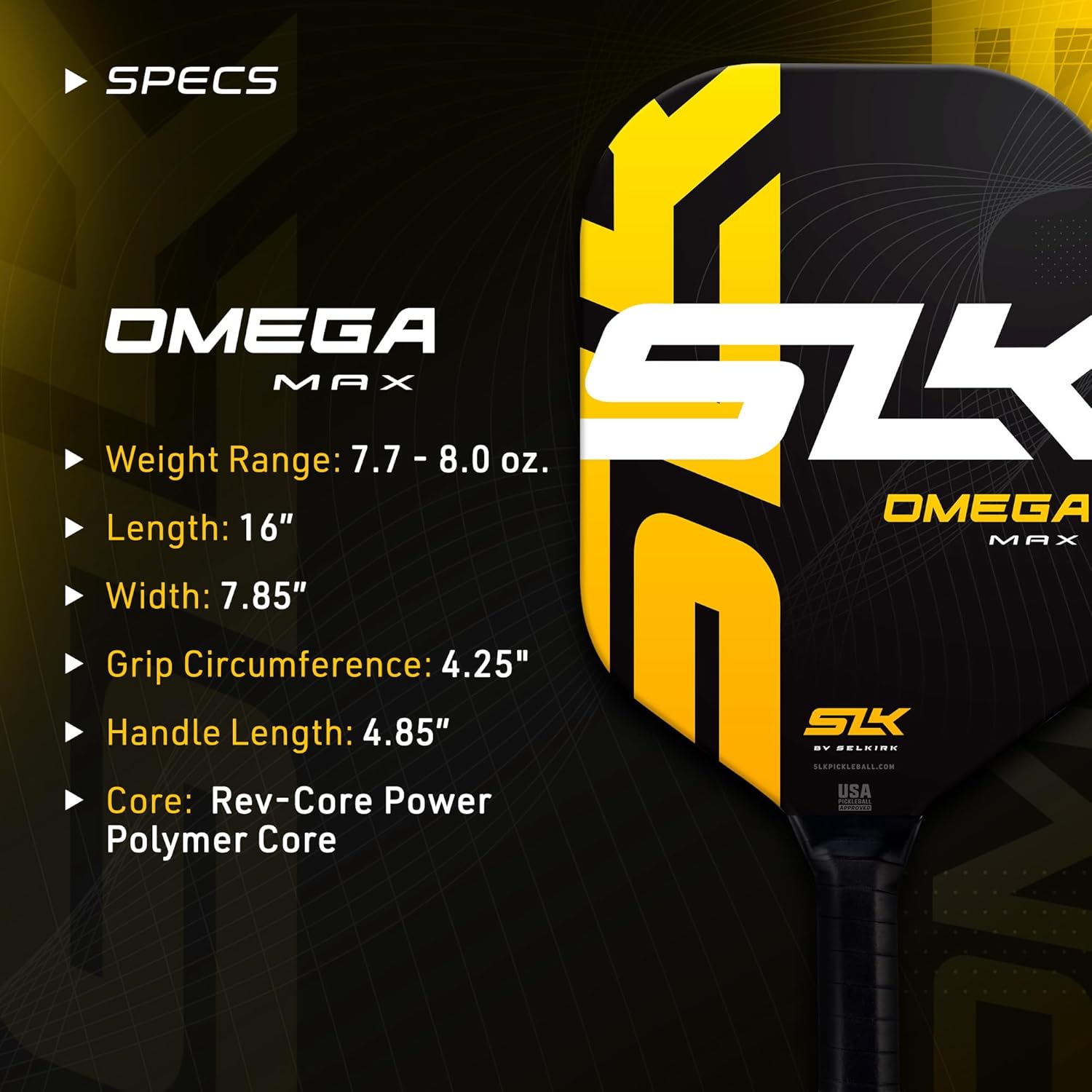 Selkirk SLK Omega Carbon Pickleball Paddle  Doble cara de carbono y fibra de vidrio con un núcleo de polímero Rev-Cor+  Rendimiento y tecnología