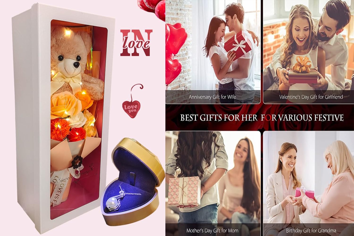 Ramo de rosas preservadas con oso de peluche, flores artificiales de rosas con collar de perlas para ella, regalo de amor, día de la madre, día de