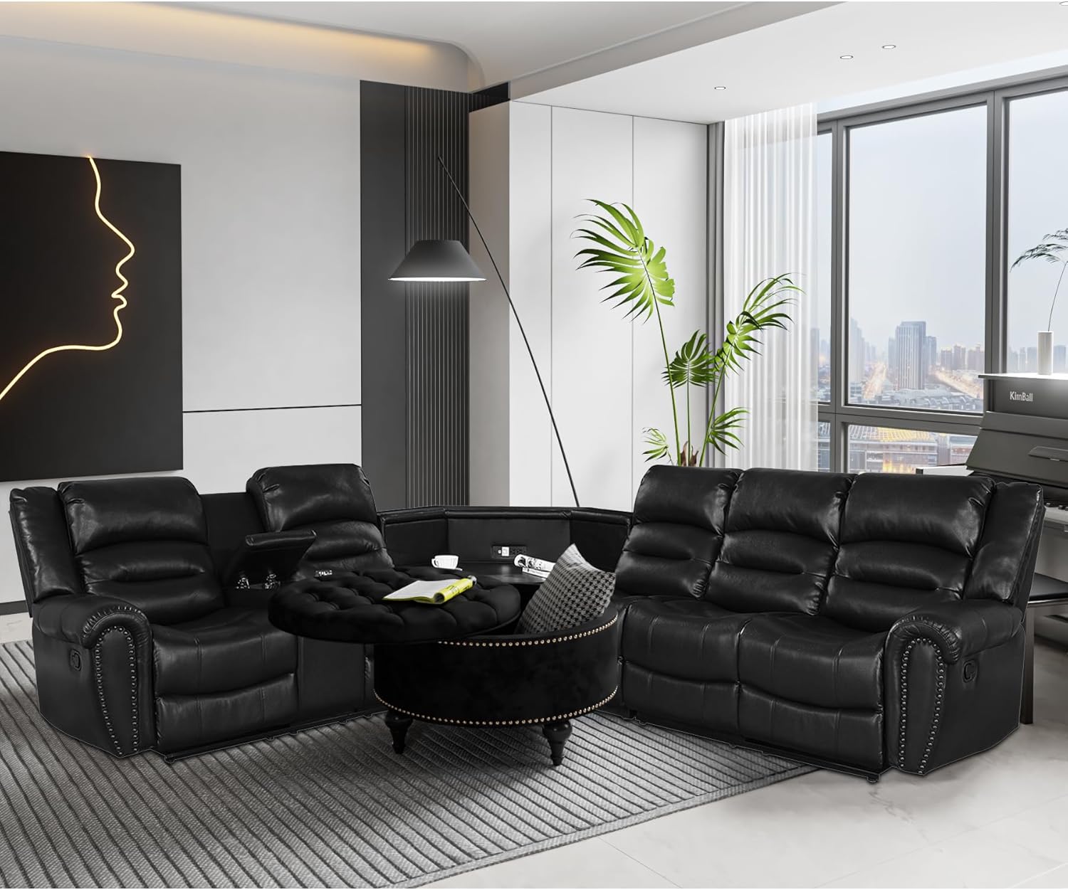 Nathaniel Home Cuero reclinable seccional, negro