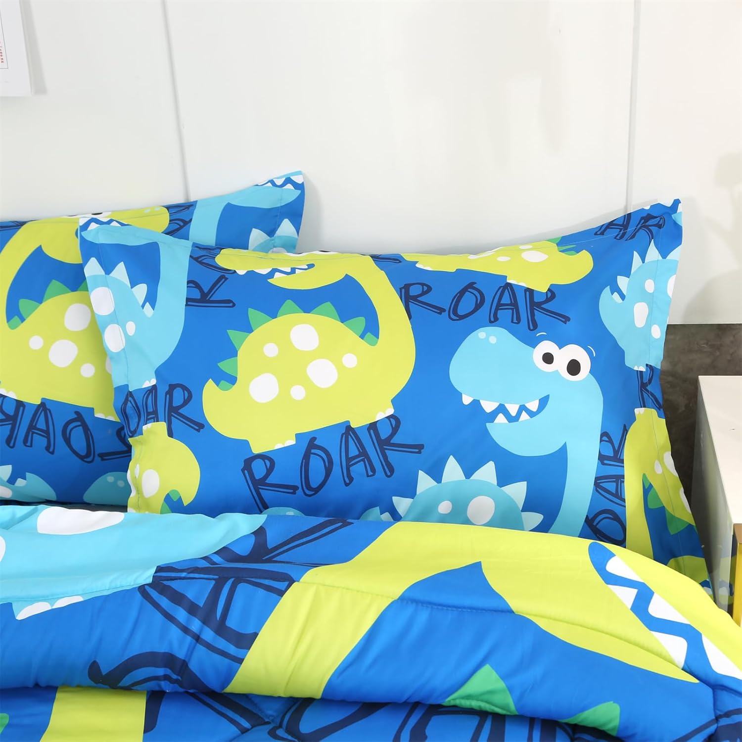 ENCOFT Juego de edredón de dinosaurio tamaño individual para niñas y niños, juego de ropa de cama de dinosaurios de 3 piezas de alta calidad, color