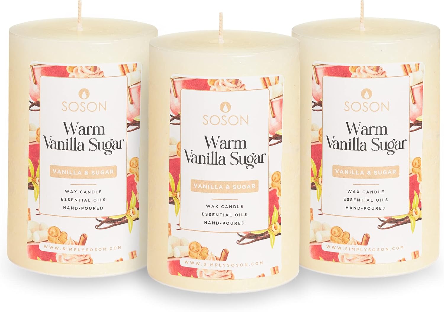 Simply Soson Velas perfumadas de 3 x 4 pulgadas, azúcar de vainilla cálida, fragancia acogedora y relajante, juego de 3 velas para decoración del