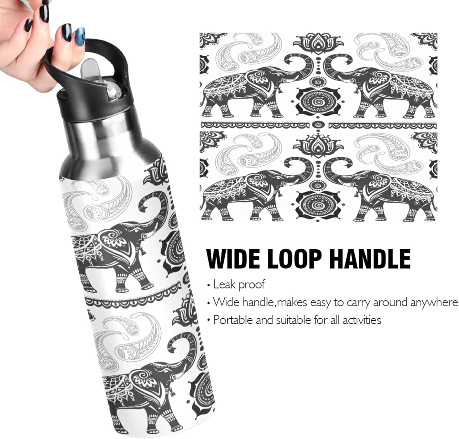 senya Botella de agua de acero inoxidable 0014 con tapa con pajilla, termo para niños, termo de elefante indio de cachemira para deportes, oficina,