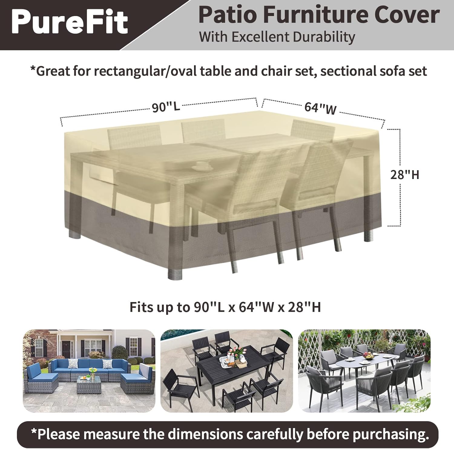 PureFit Fundas para muebles de patio, funda para muebles de mesa de exterior, lona impermeable rectangular, 650D fundas de patio para muebles de