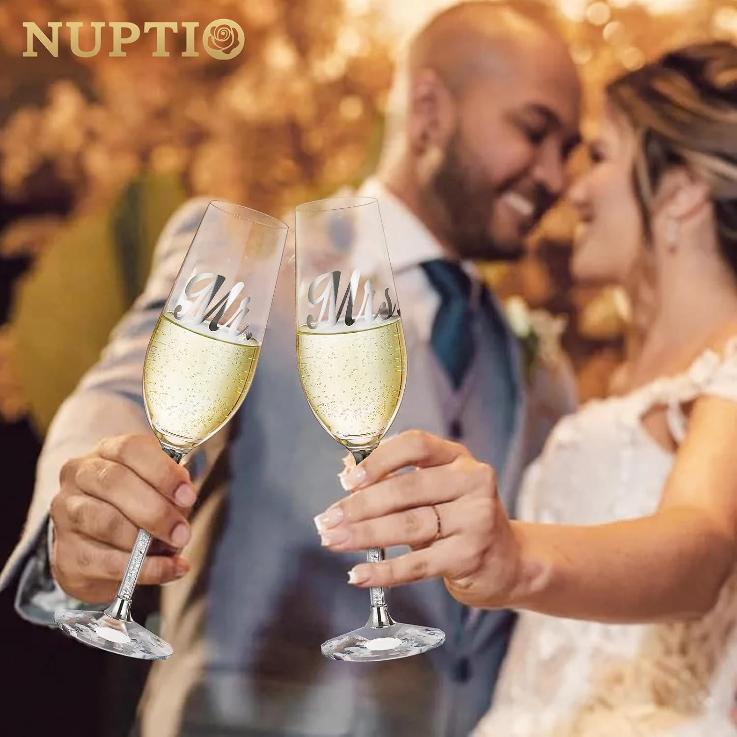 NUPTIO Copas de champán de cristal juego de 2 copas de champán de boda con caja de regalo de madera, flauta de brindis de Mr & Mrs para novia,