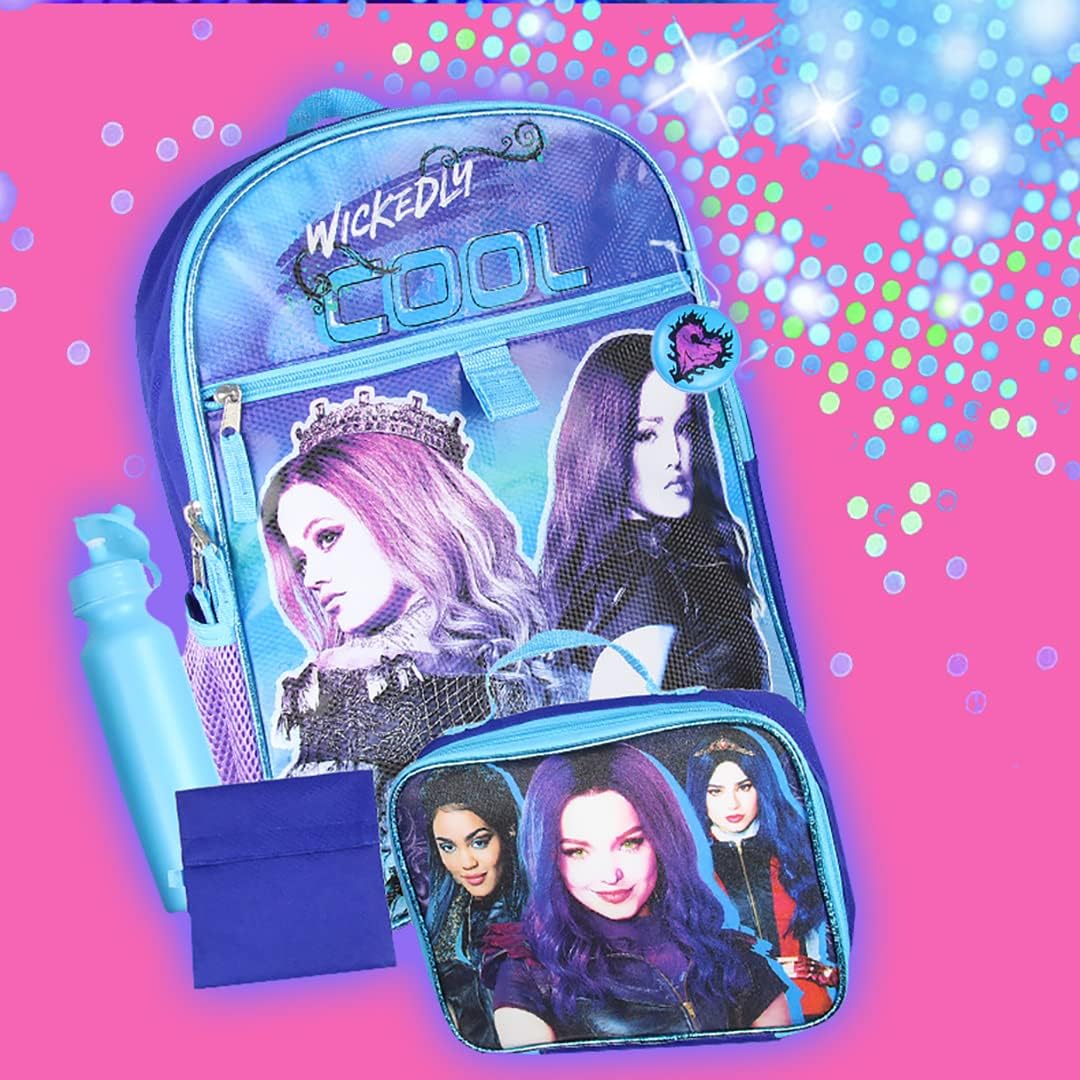 Disney Descendants Wickedly Cool Mochila de 16 pulgadas para el almuerzo, botella de agua, paquete de 5 piezas