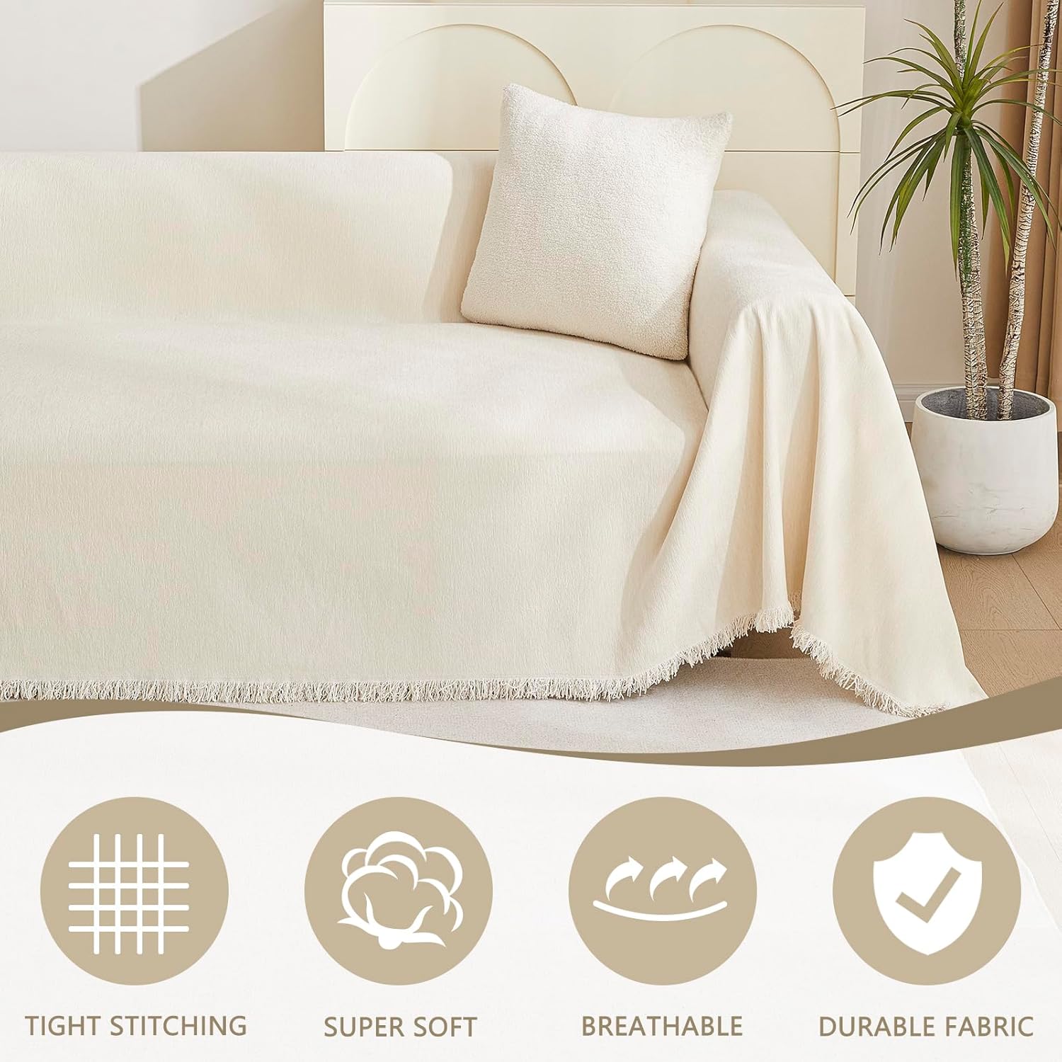 MYSKY HOME Funda de sofá biplaza, funda beige para sofá modular de 2 cojines, funda de sofá gruesa y universal de felpilla con borlas, protector
