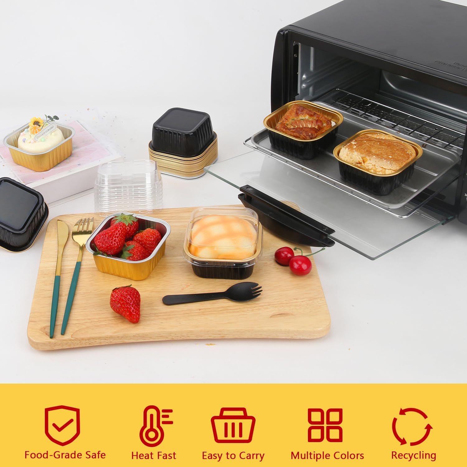 LNYZQUS Moldes para cupcakes de 5 onzas con tapas, paquete de 40 unidades, moldes de aluminio para hornear cupcakes, moldes para hornear brownie,