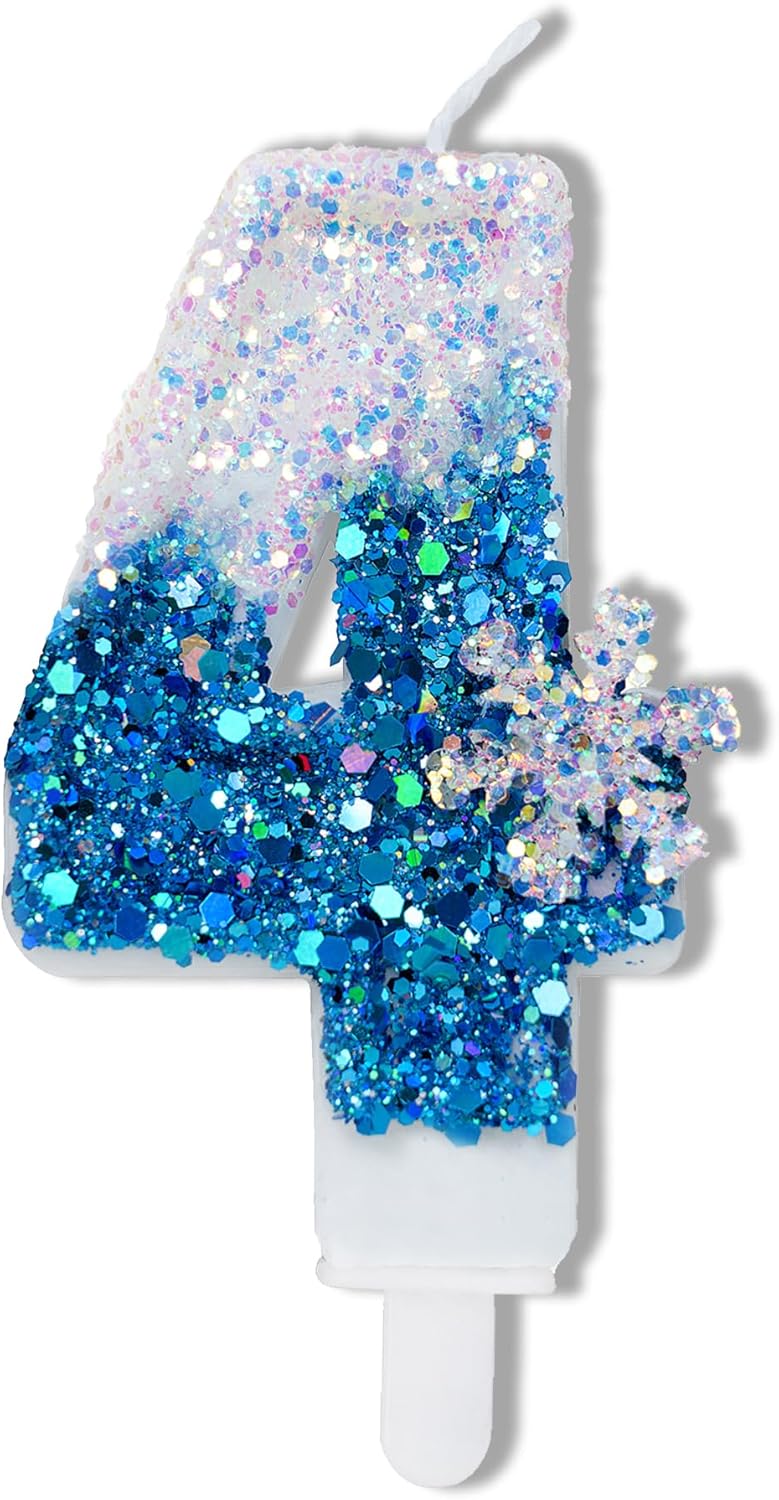 Velas de cumpleaños azules 4, velas de cumpleaños número 4 con purpurina azul y blanca con suministros de fiesta de copo de nieve
