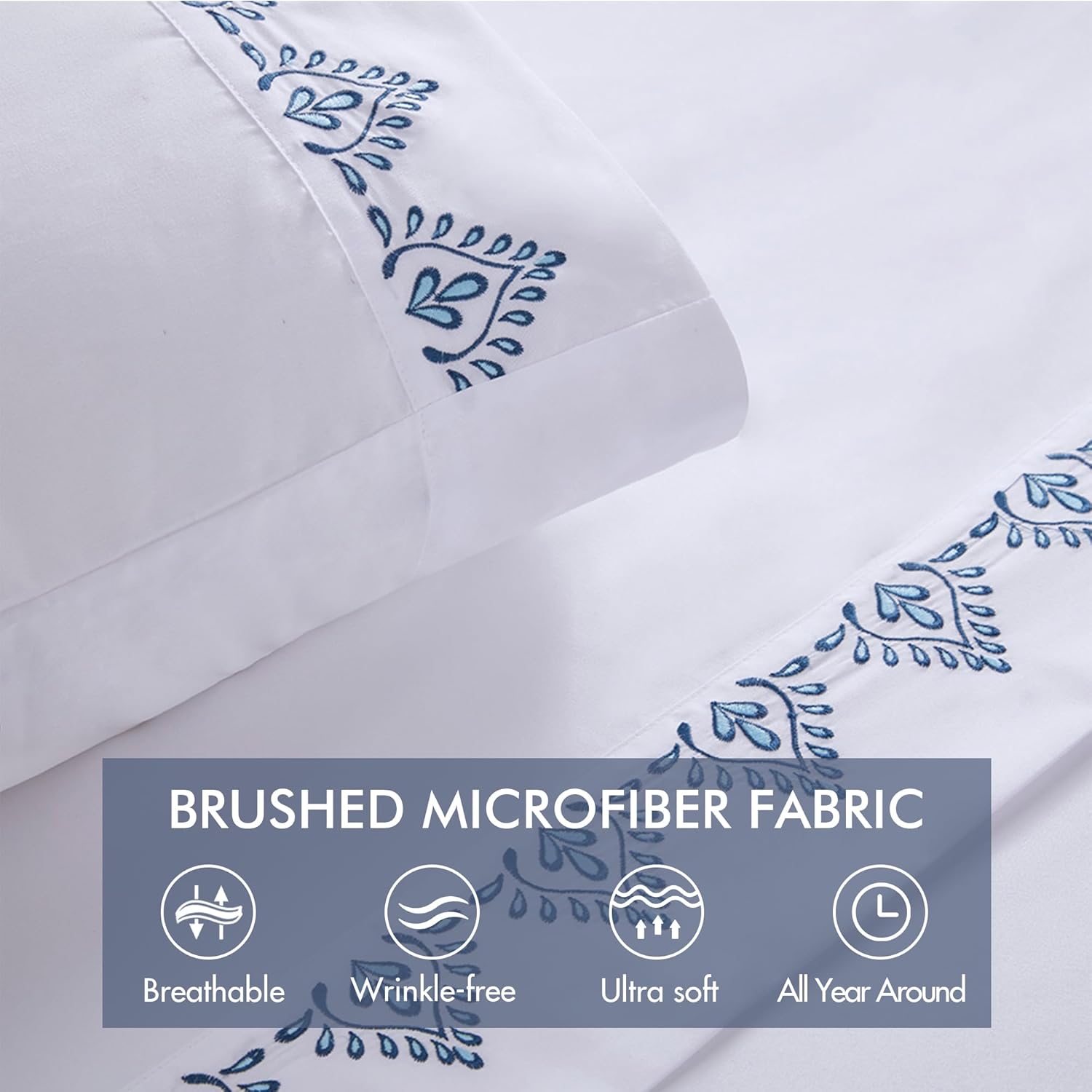 Madison Park Juego de sábanas de microfibra cepillada suave, elegante diseño de dobladillo bordado, bolsillo elástico de 14 pulgadas que se adapta a