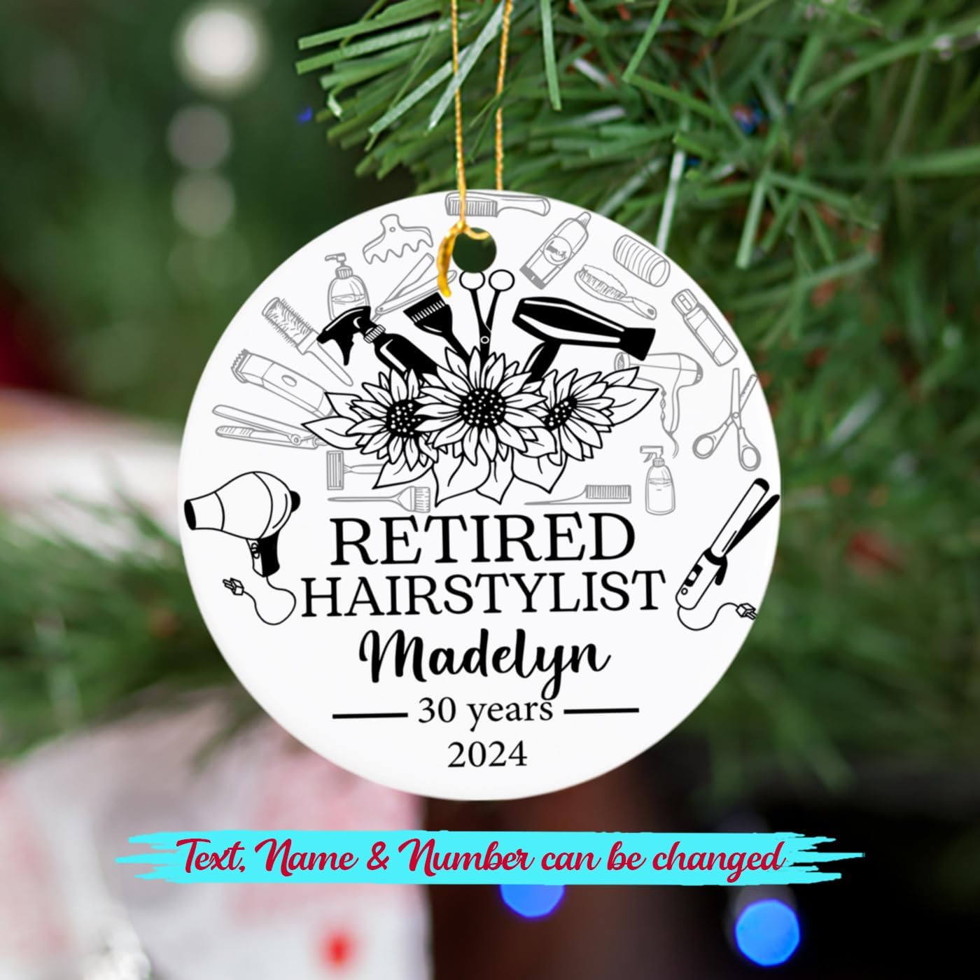 Adorno de Navidad personalizado con nombre de año para estilista de peluqueros y mujeres, peluquero jubilado, adornos de Navidad, peluqueros