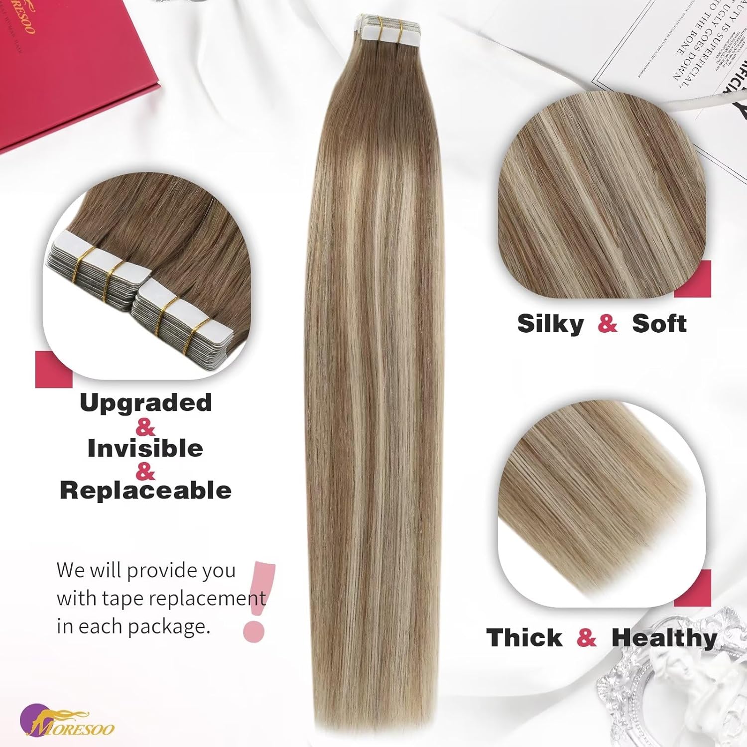 Moresoo Extensiones de cabello humano con cinta adhesiva, balayage, ombré, marrón ceniza a rubio, mezcla con extensiones de cabello rubio claro,