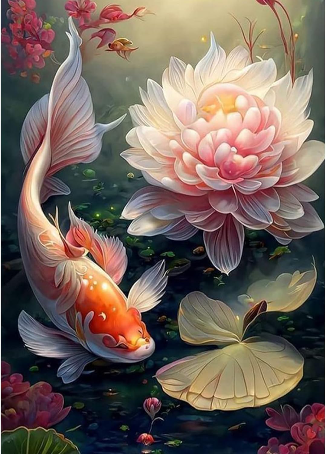 Lxmsja Kit de pintura 5D Good Luck Koi Fish Dimaond, kit de arte de diamantes de imitación de flores para bricolaje, manualidades redondas de