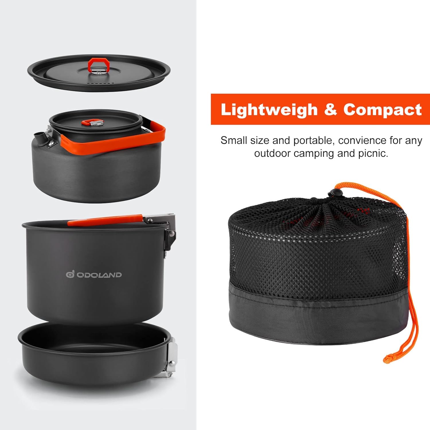 Odoland Camping Cookware Mess Kit, Camping Cooking Pot Fry Pan and 1.1L Kettle Set, Portable Camping Cookware Set with Mesh Bag for Camping,
