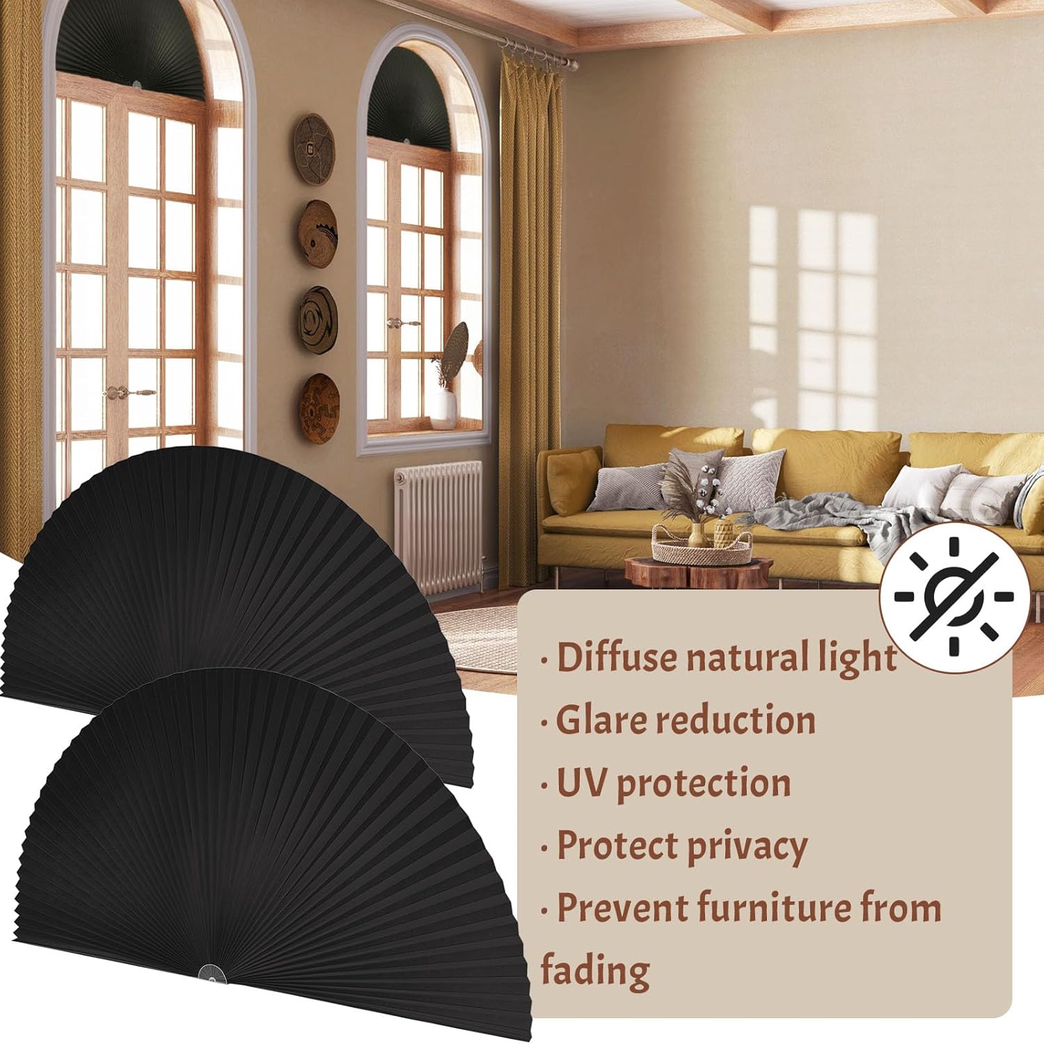 Fainne 2 persianas plisadas de 36 x 72 pulgadas para ventana de medio círculo de 36 x 72 pulgadas, filtro de luz, tela plisada, para ventanas de