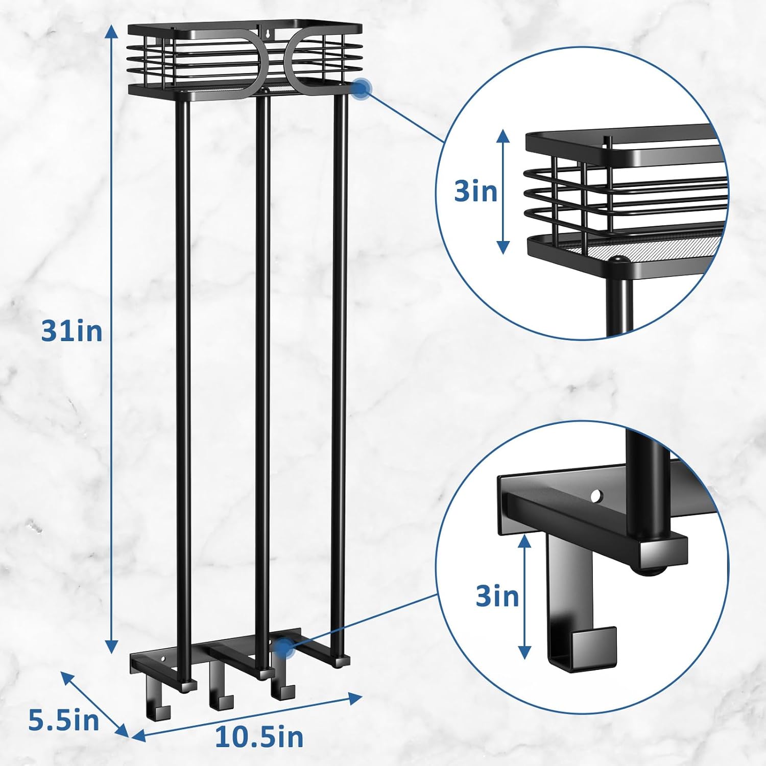 Toalleros para baño, toallero para baño montado en la pared con estante y 3 ganchos, toallero de baño, puede contener hasta 6 toallas de baño