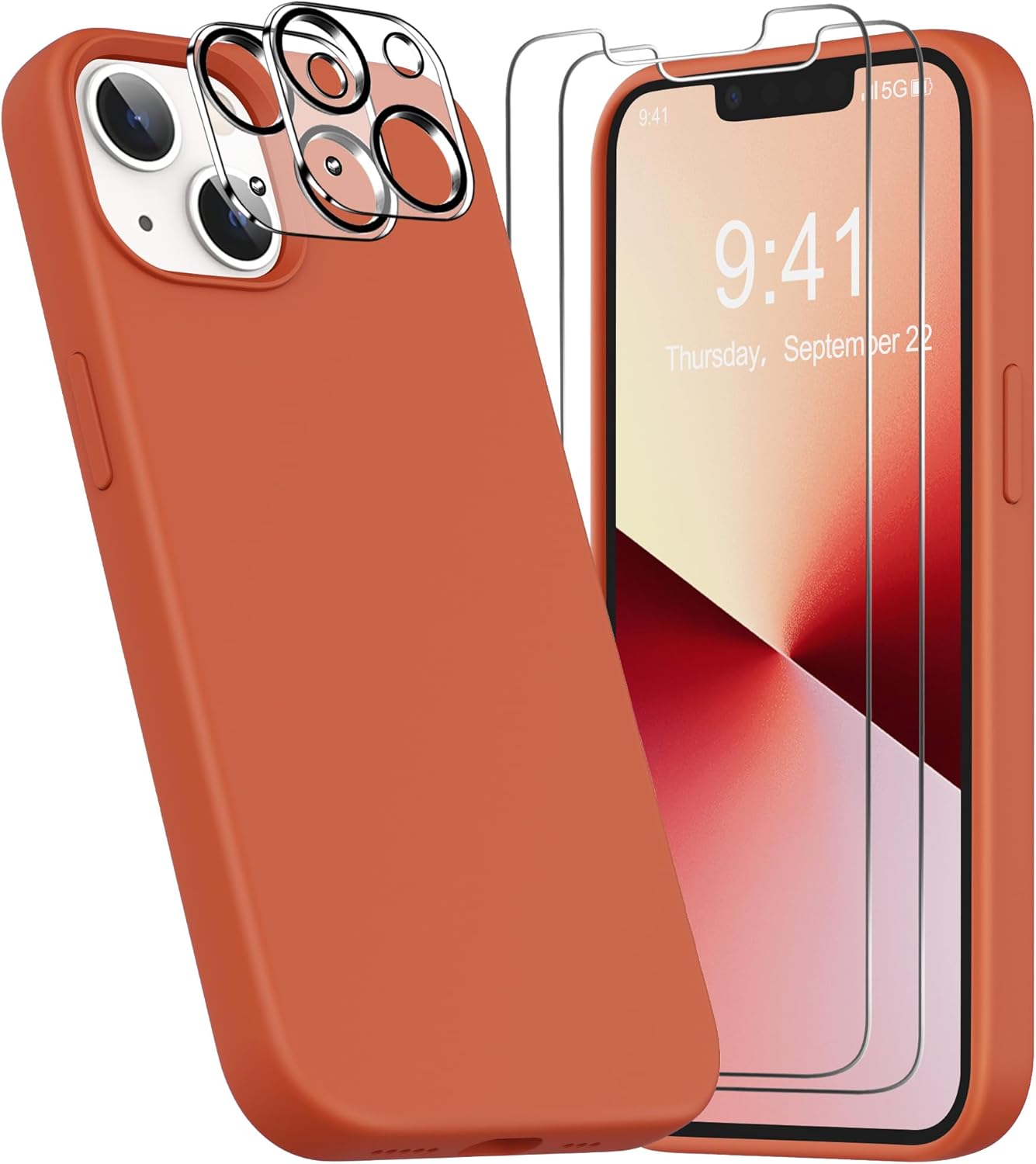 YATWIN Funda 5 en 1 diseñada para iPhone 13 con 2 protectores de pantalla + 2 protectores de lente de cámara, silicona líquida, delgada, de goma