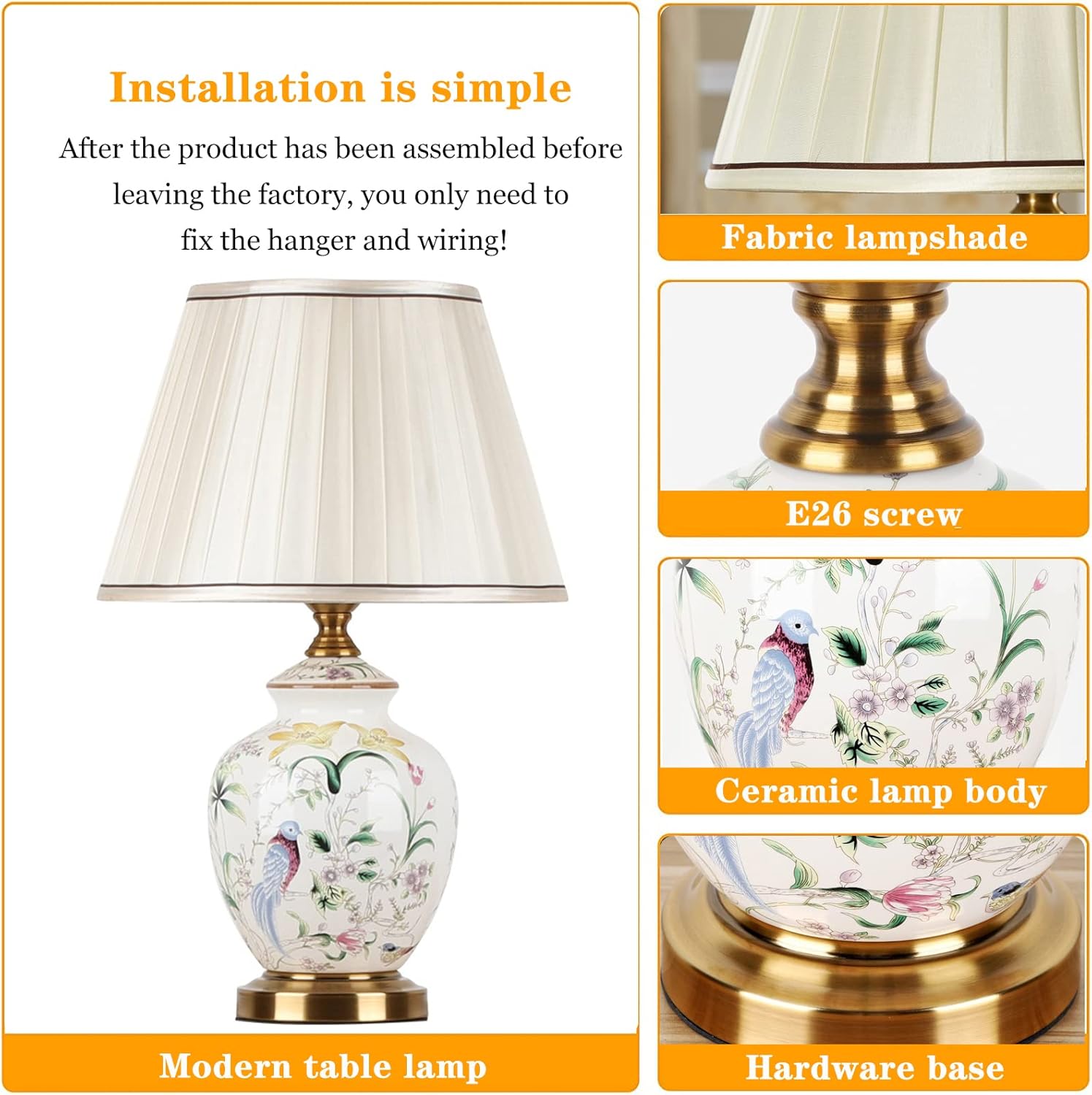 Chinoiserie – Lámpara de mesa de cerámica, lámpara de noche LED con flores americanas y pájaros, pantalla clásica de tela blanca para escritorio,