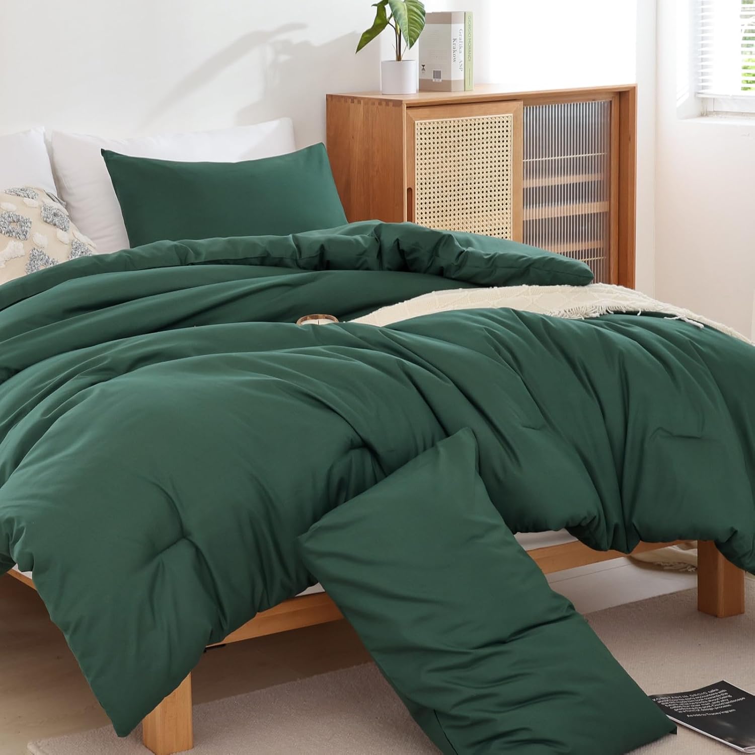 ROSGONIA Edredón verde esmeralda tamaño matrimonial para niñas, niños y adolescentes (1 edredón verde bosque oscuro y 2 fundas de almohada), juego