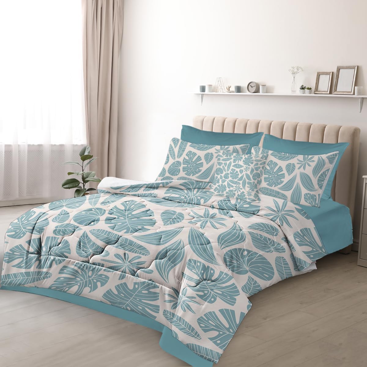 BEDMUST Juego de edredón de plantas tamaño individual, 8 piezas de cama en una bolsa, juego de ropa de cama de Monstera Azure Azure, juego de