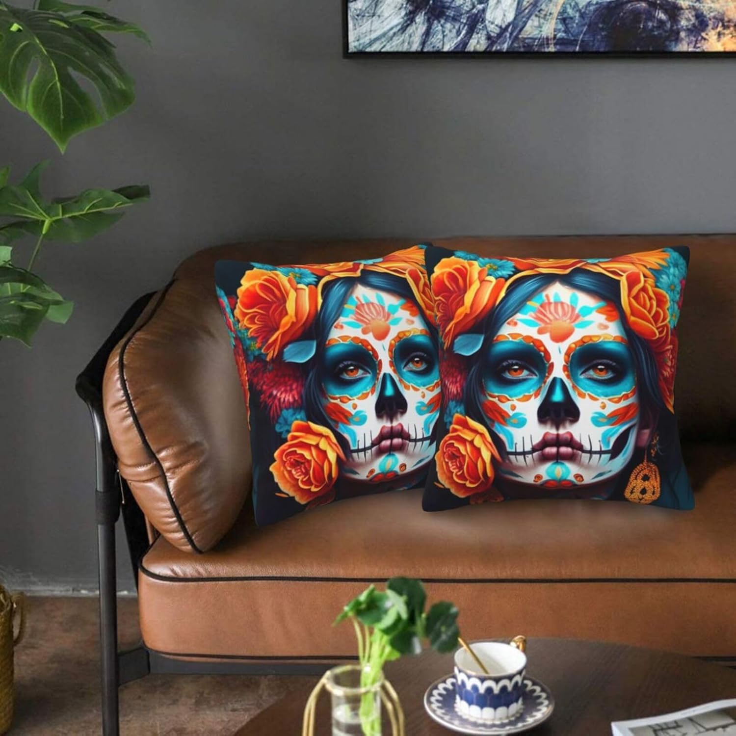 2 fundas de almohada del Día de los Muertos, fundas de almohada decorativas para mujer, diseño de calavera mexicana, funda de cojín cuadrada para