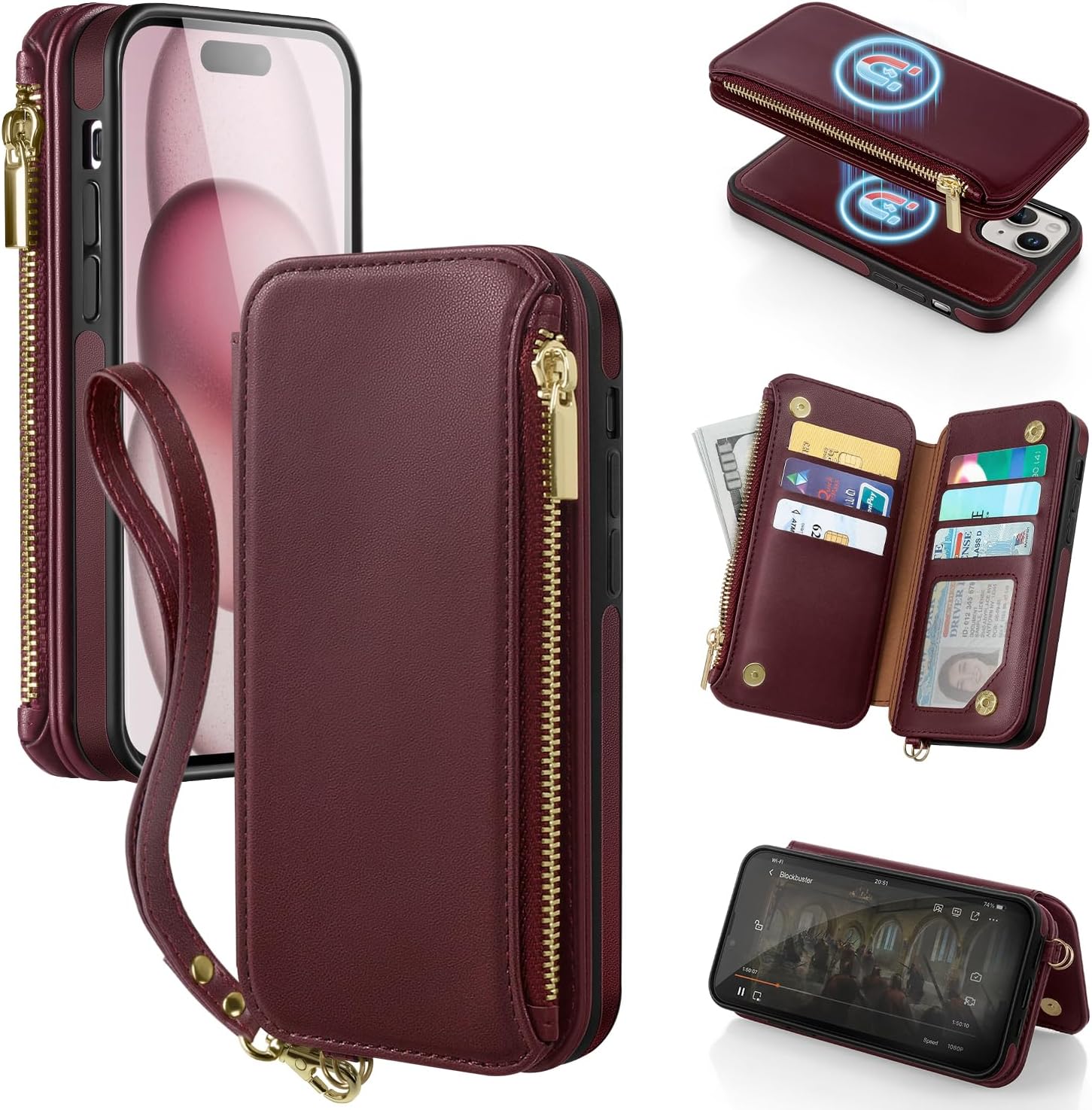 Antsturdy Funda tipo cartera desmontable 2 en 1 para iPhone 15 Plus con MagSafe, bloqueo RFID, magnética, carga inalámbrica, funda de piel