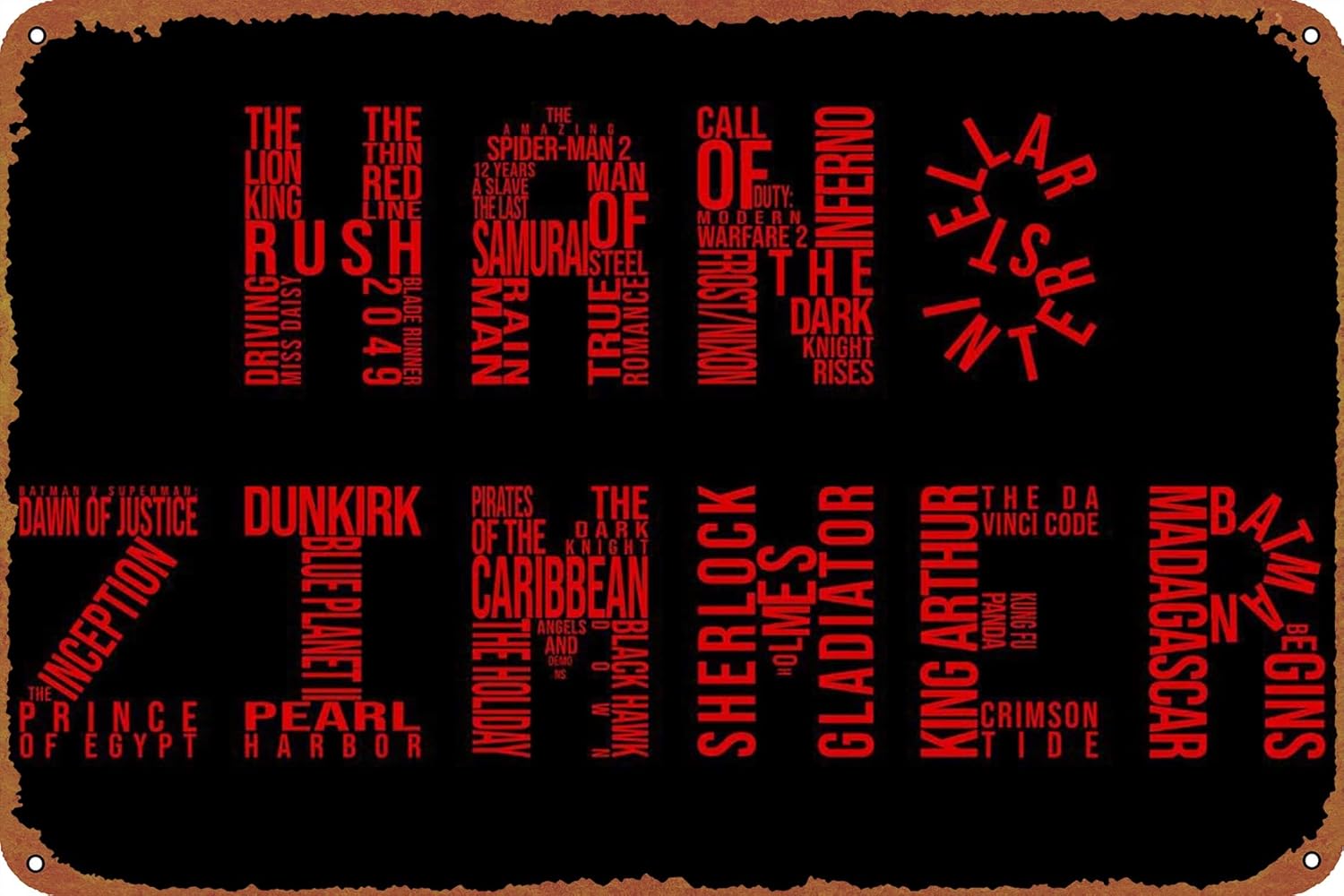 Cartel de metal con letras de Hans Zimmer discografía b Cartel de lata de metal, decoración de pared de arte vintage, 12 x 8 pulgadas