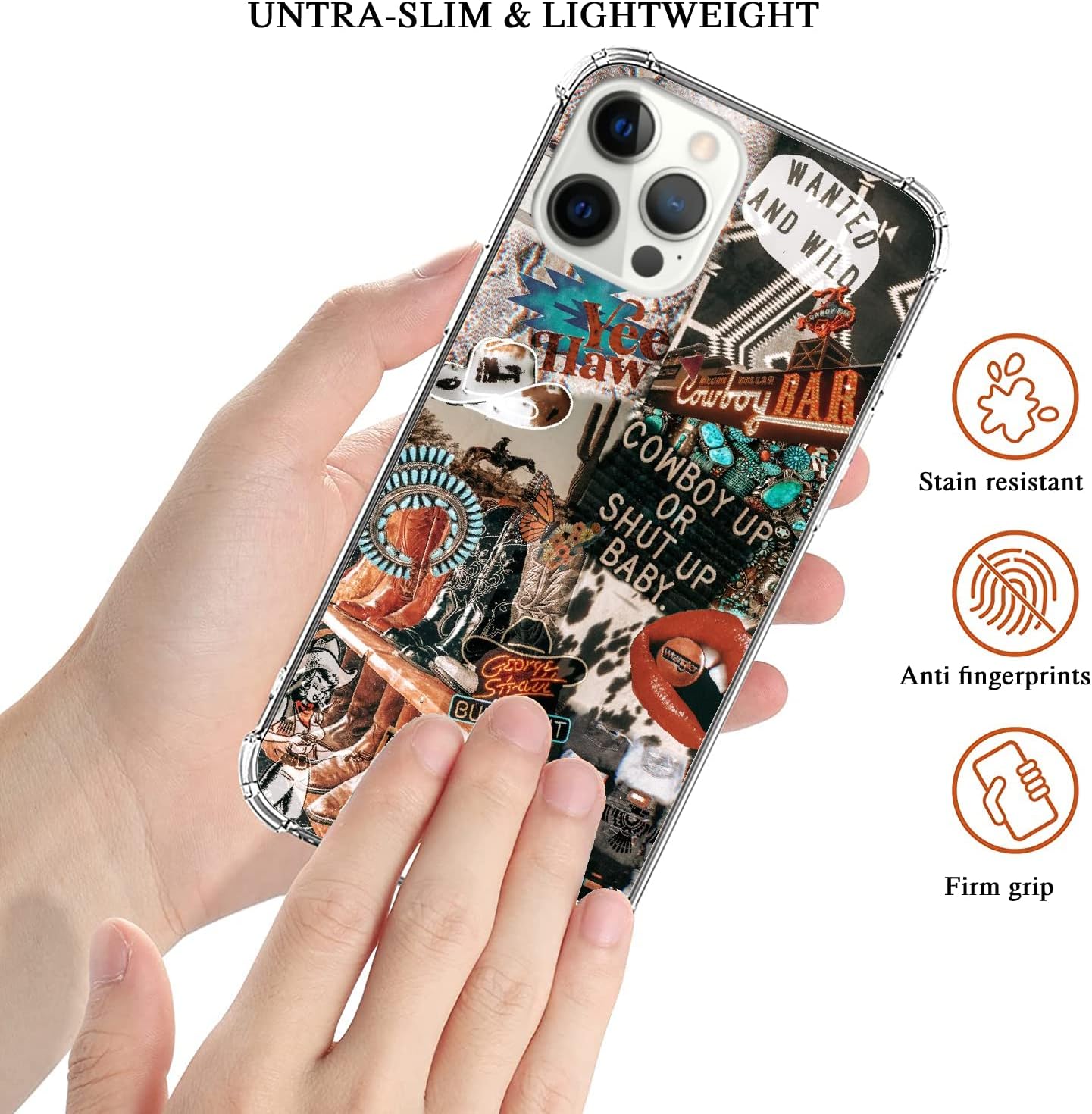 Funda de collage de vaquera occidental para iPhone 15 Pro Max, funda de TPU única de moda para iPhone 15 Pro Max, vaquera vaquera Howdy Western