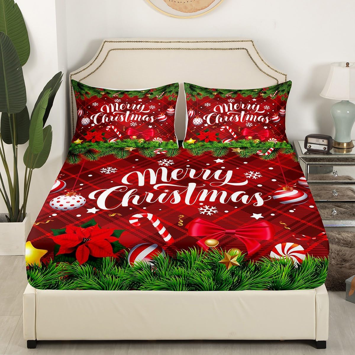 Erosebridal Juego de sábanas de 4 piezas con temática navideña de Feliz Navidad, sábana bajera ajustable de Navidad con estampado de rayas