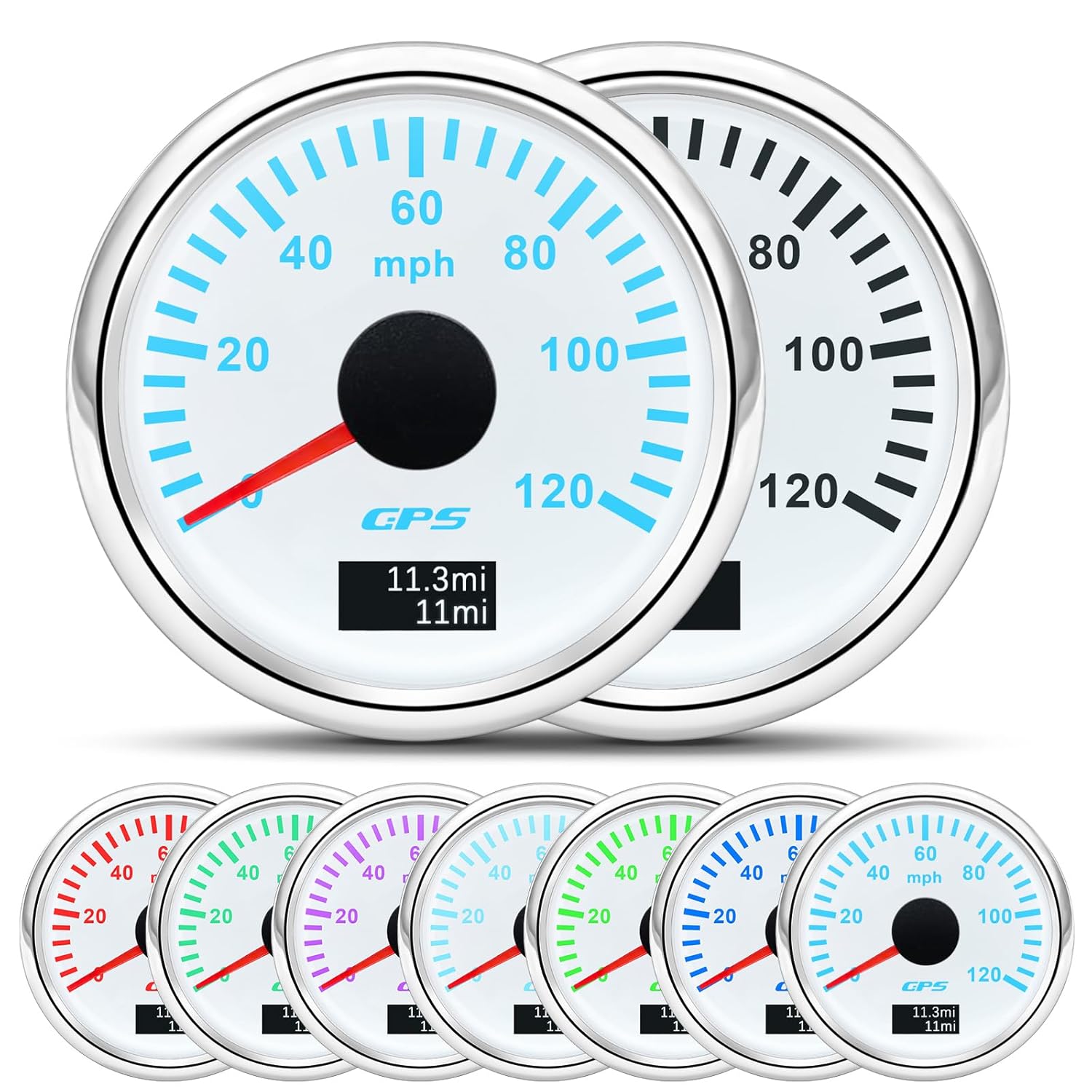 ARTILAURA 2.047 in 2-16 “GPS velocímetro barco GPS velocímetro odómetro coche 120MPH 7 color impermeable marino digital GPS medidor 9-32V (blanco)