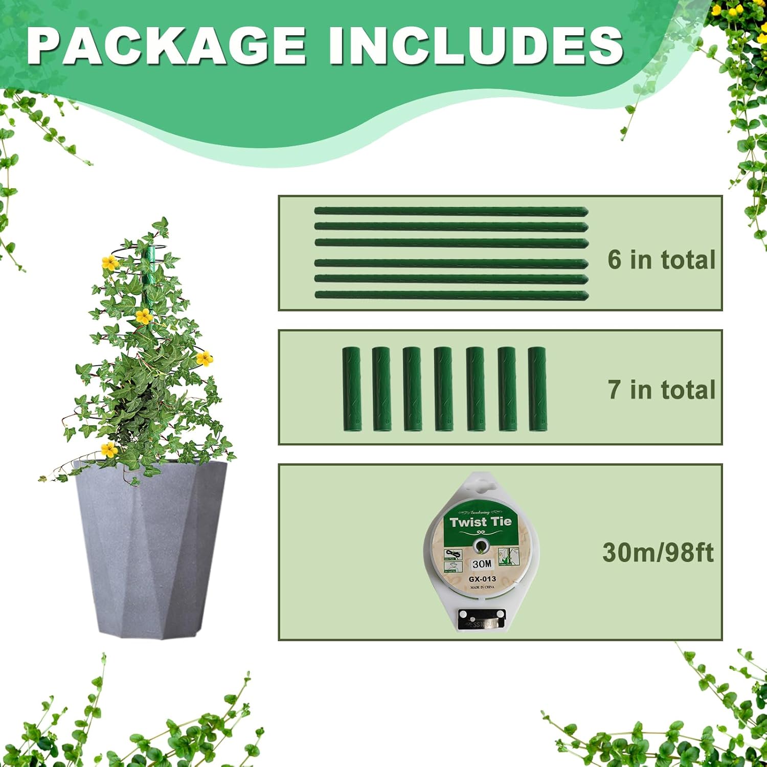 Decoroca Pea Garden Trellis – 20 pulgadas + 35 pulgadas + 50 pulgadas, 3 piezas de enrejado de metal elástico en espiral, estaca de soporte para