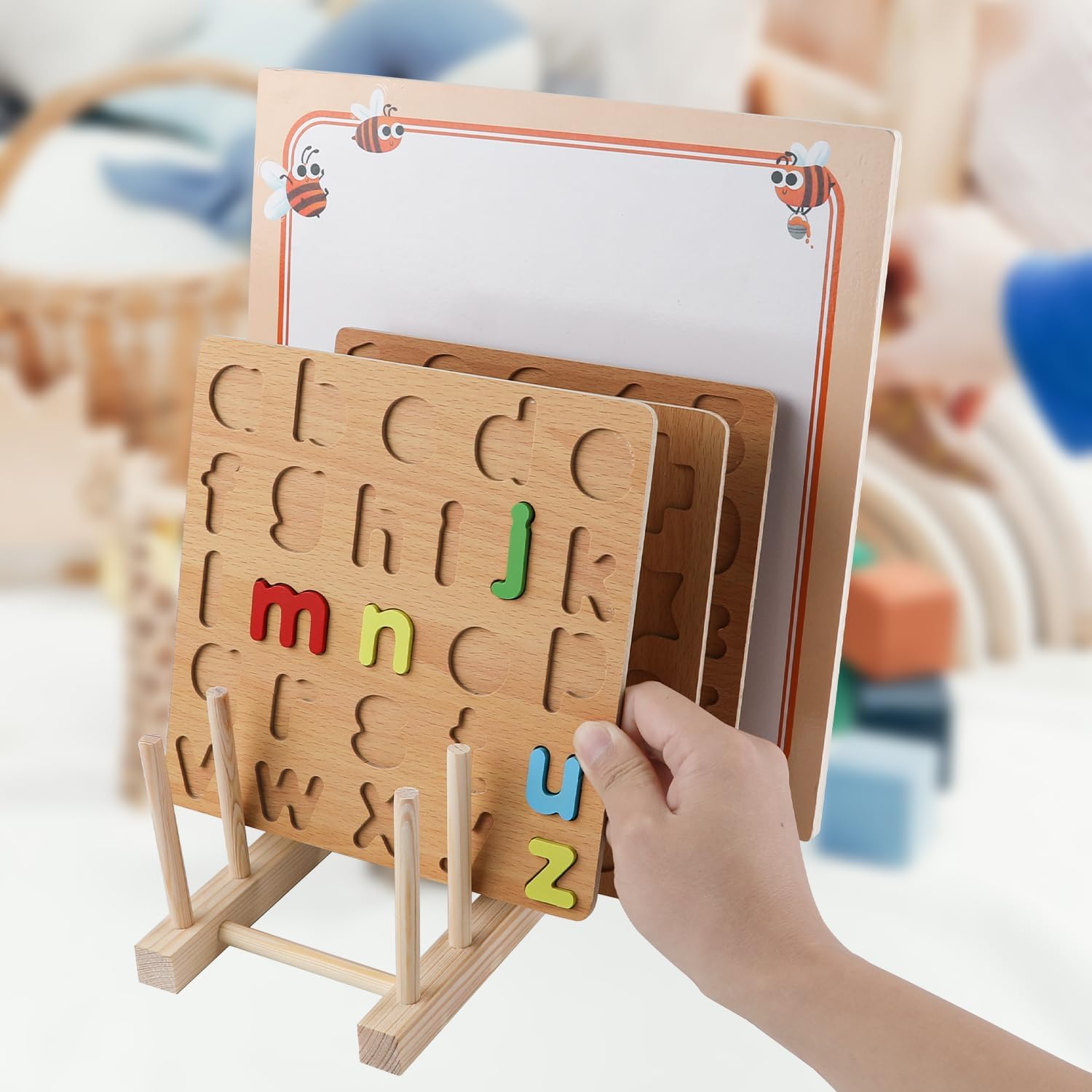Soporte de exhibición de rompecabezas de madera, 2 piezas, soporte para rompecabezas de madera, estante de almacenamiento de rompecabezas para niños