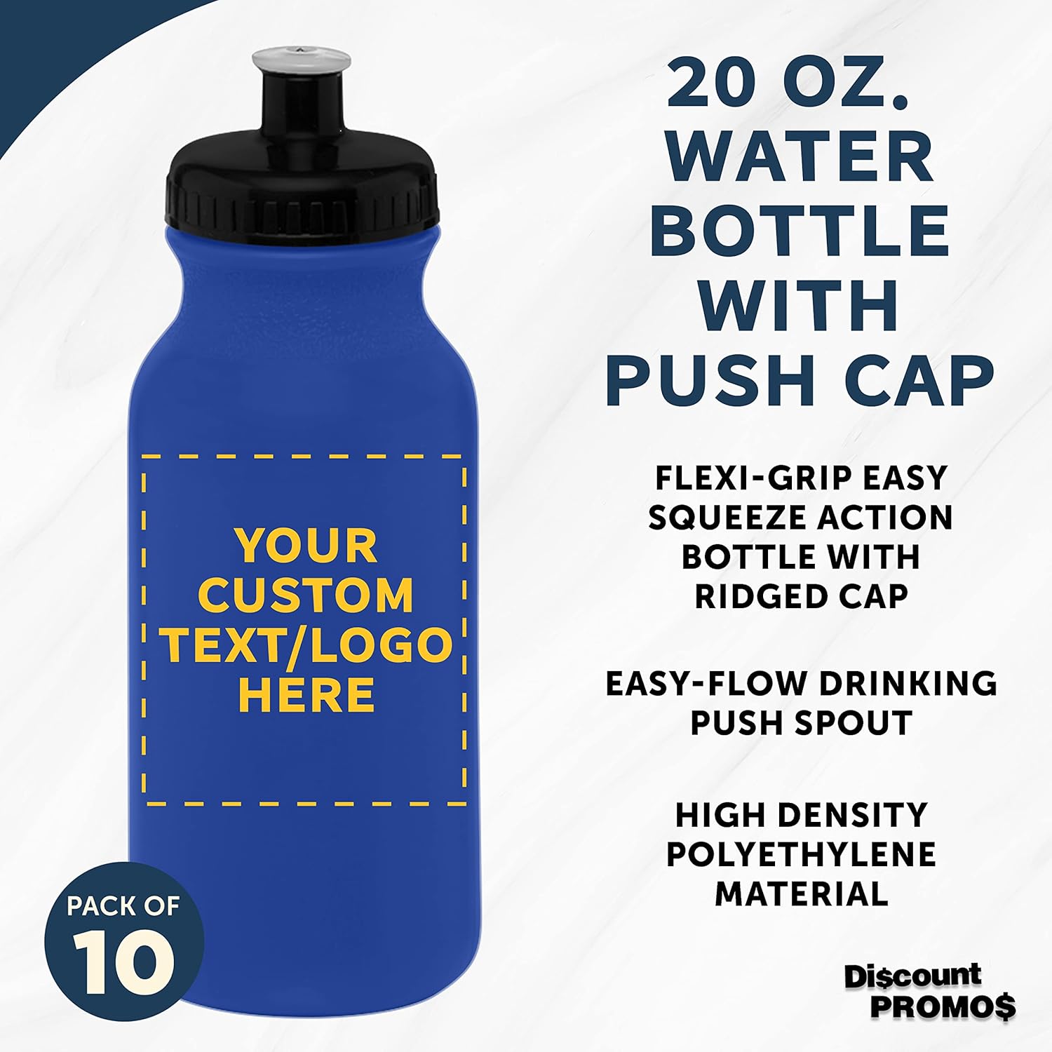 DISCOUNT PROMOS Juego de 10 botellas de agua personalizadas de 20 onzas con tapa a presión, paquete personalizado a granel, perfectas para gimnasio,