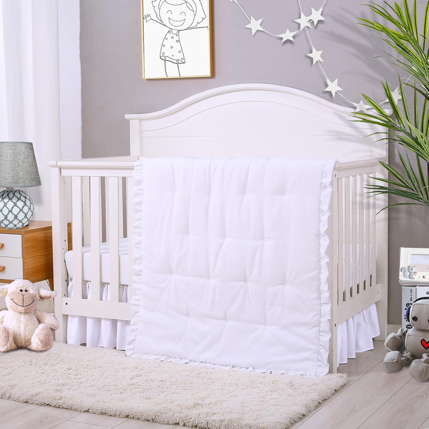 Cloele Juego de ropa de cama para cuna de bebé de 3 piezas, juego acolchado con volantes sólidos que incluye edredón, sábana bajera para niños y