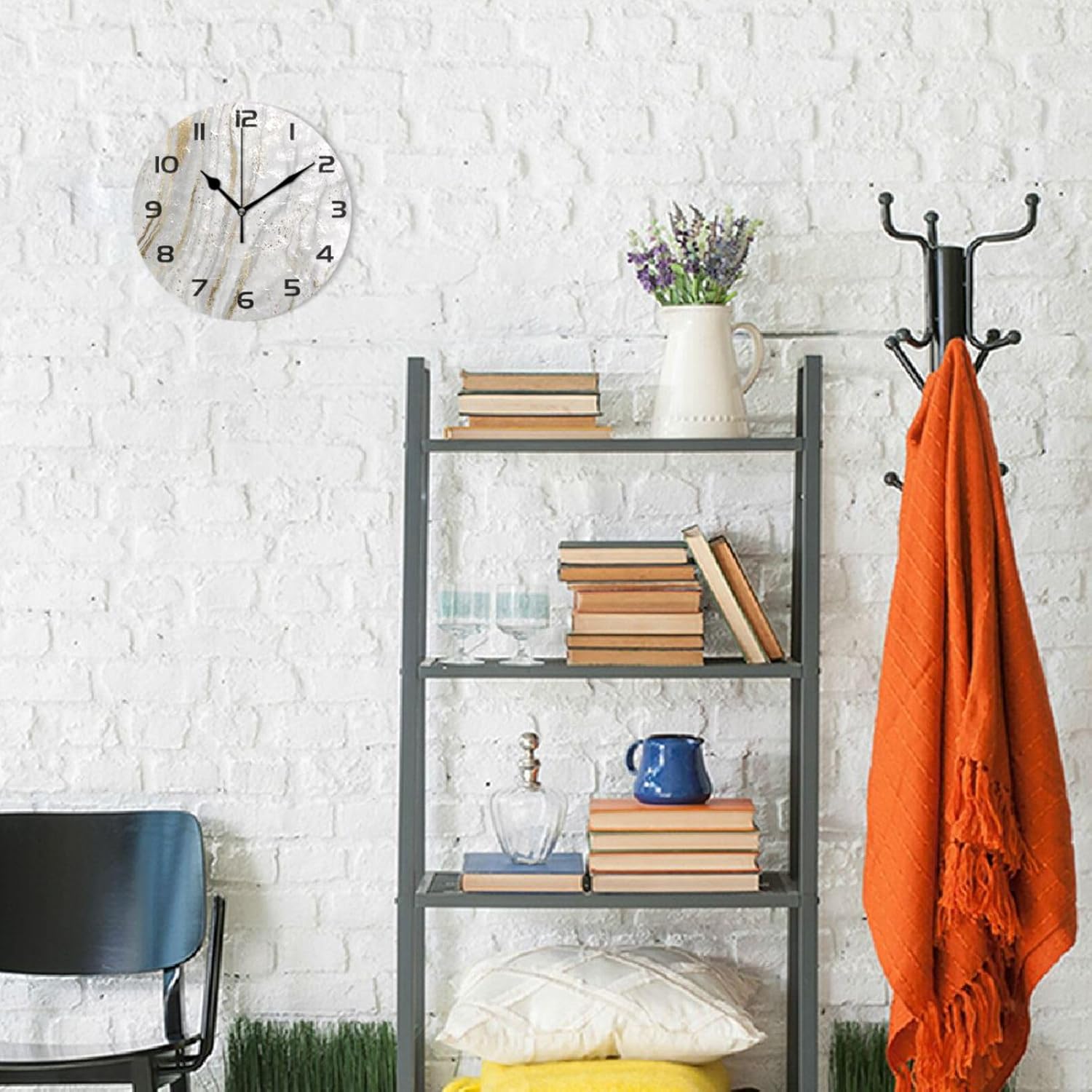 Reloj de pared de mármol oro rosa de 10 pulgadas, silencioso, sin tictac, de cuarzo, funciona con pilas, redondo, digital, fácil de leer, para el