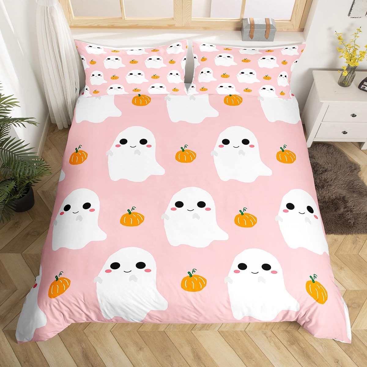 Juego de funda de edredón con estampado rosa y blanco dibujado a mano, tamaño King, funda de edredón de calabaza en acuarela de Halloween con 2