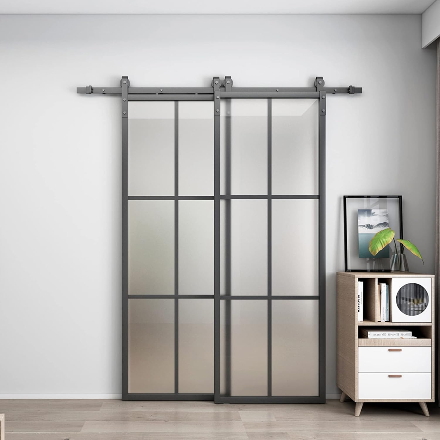 BARNSMITH Bypass – Puerta de granero de vidrio doble de 60 x 84 pulgadas con kit de herramientas de montaje lateral de 6.6 pies, 2 juegos de puertas