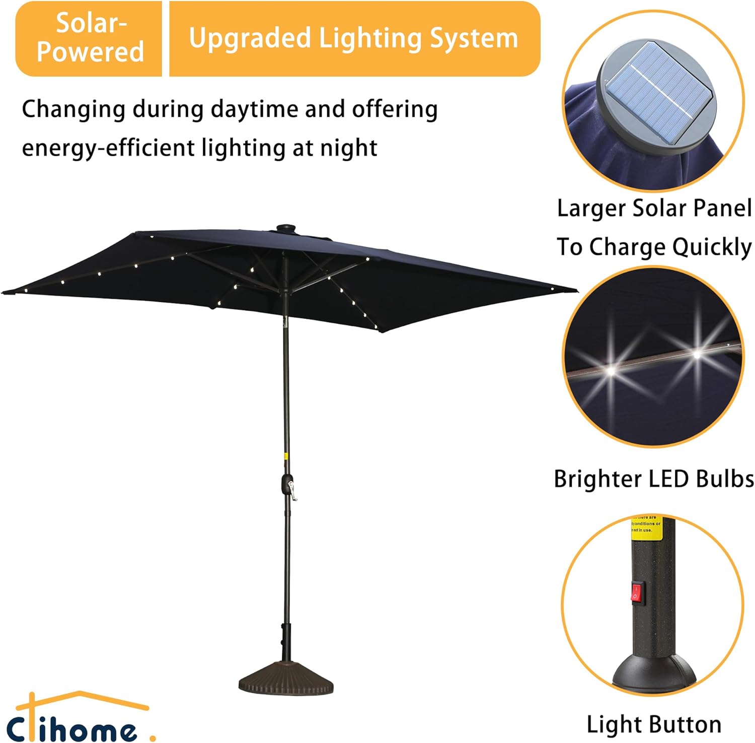 Sombrilla rectangular de 10 x 6 pies 5 pies con luz LED, sombrilla para exteriores, sombrilla de mesa de mercado con botón de inclinación y manivela