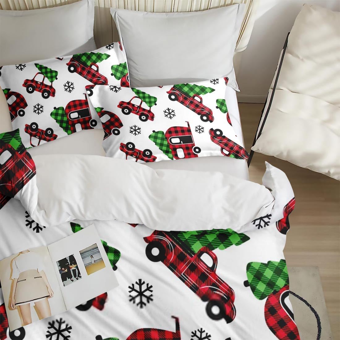 Funda de edredón tamaño Queen, juego de ropa de cama de Navidad a cuadros de búfalo rojo con cierre de cremallera para niños y adultos, funda de