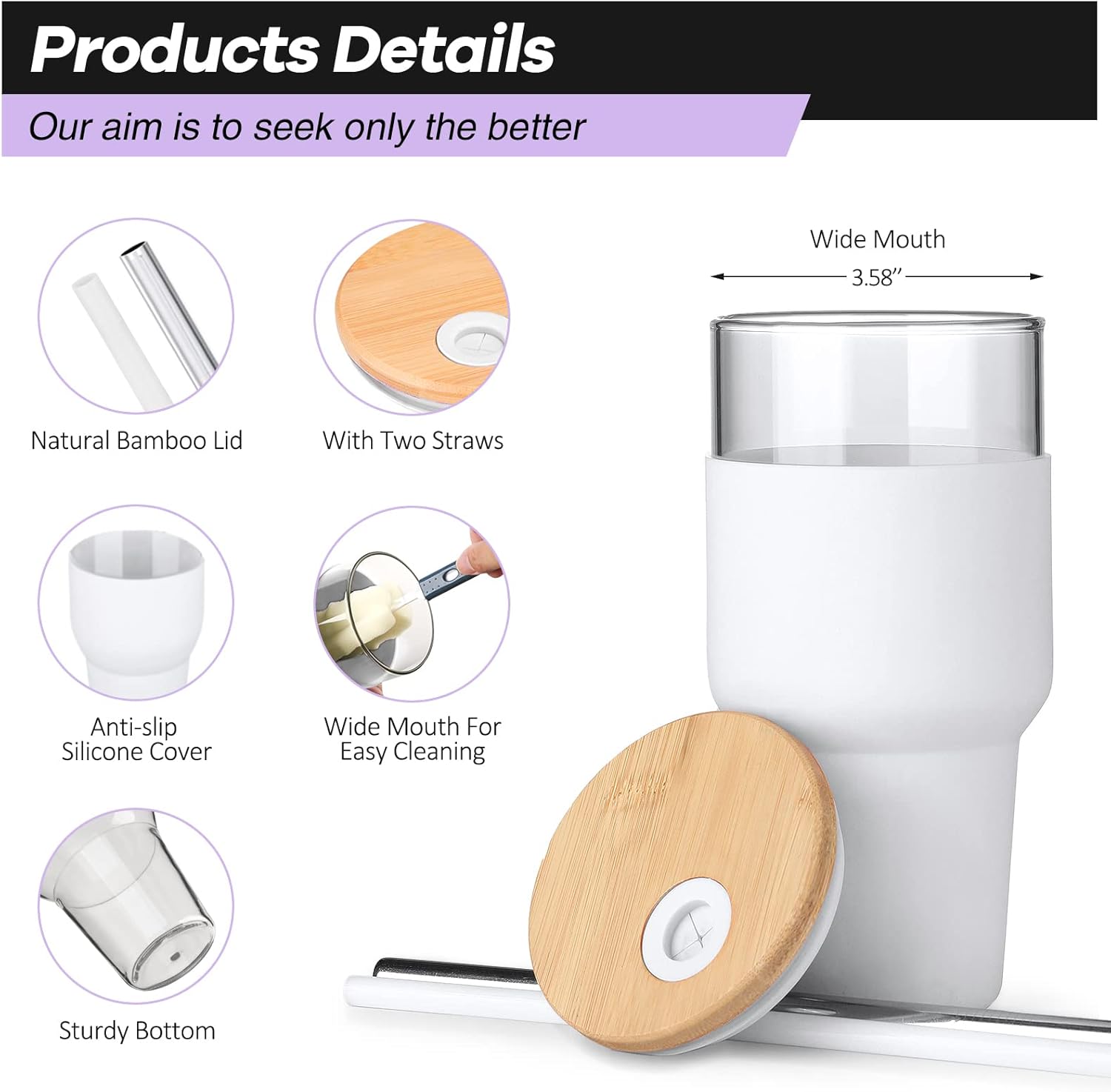 kytffu Vaso con tapa y pajilla, vaso de vidrio de 24 onzas para soporte de tazas, vaso de café helado para té de burbujas, agua, jugo, con funda de