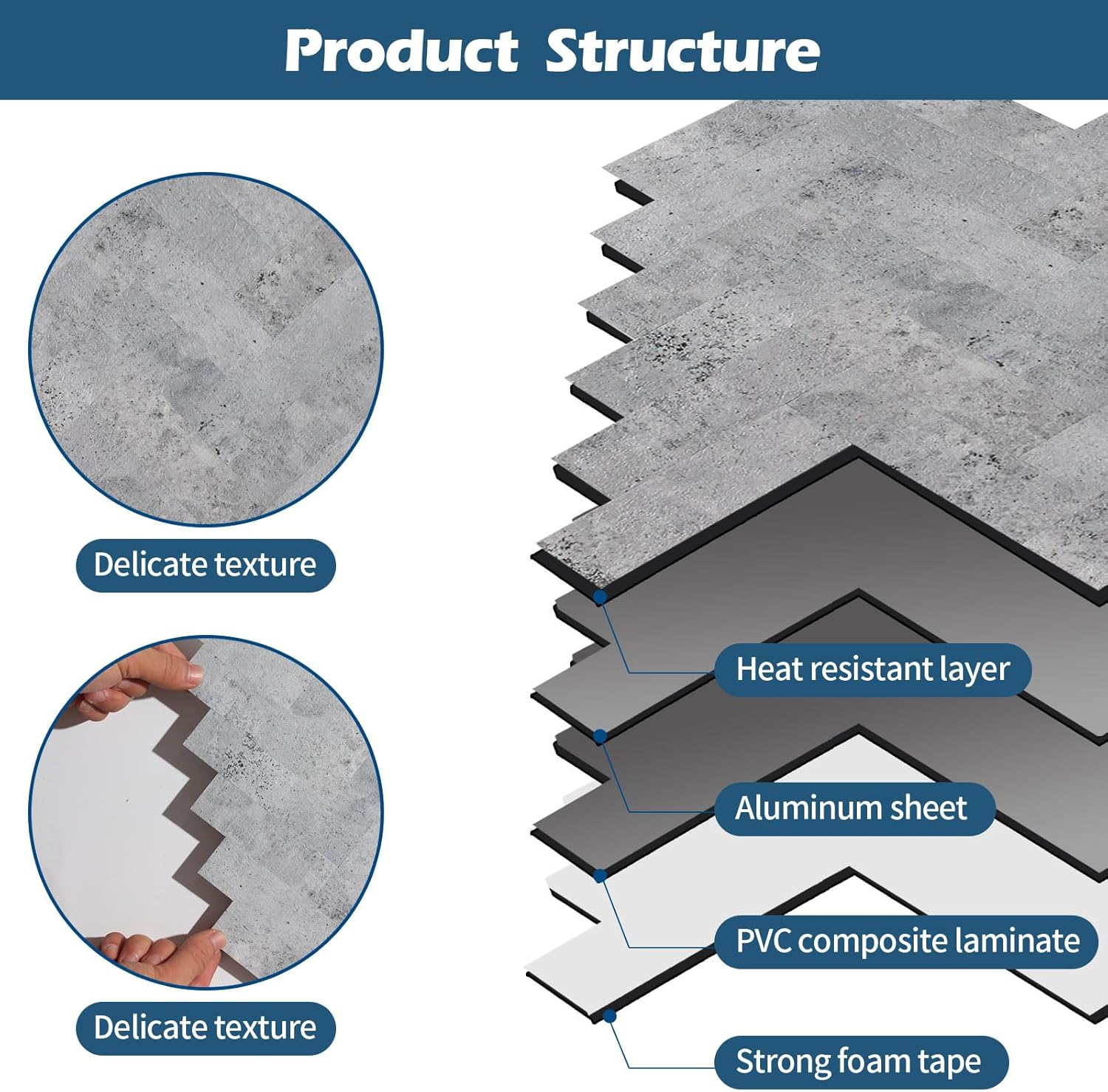 Yipscazo Azulejos gruesos de 10 hojas de espiga para despegar y pegar, azulejos de pared de cemento gris de PVC 3D de 12 x 12 pulgadas para