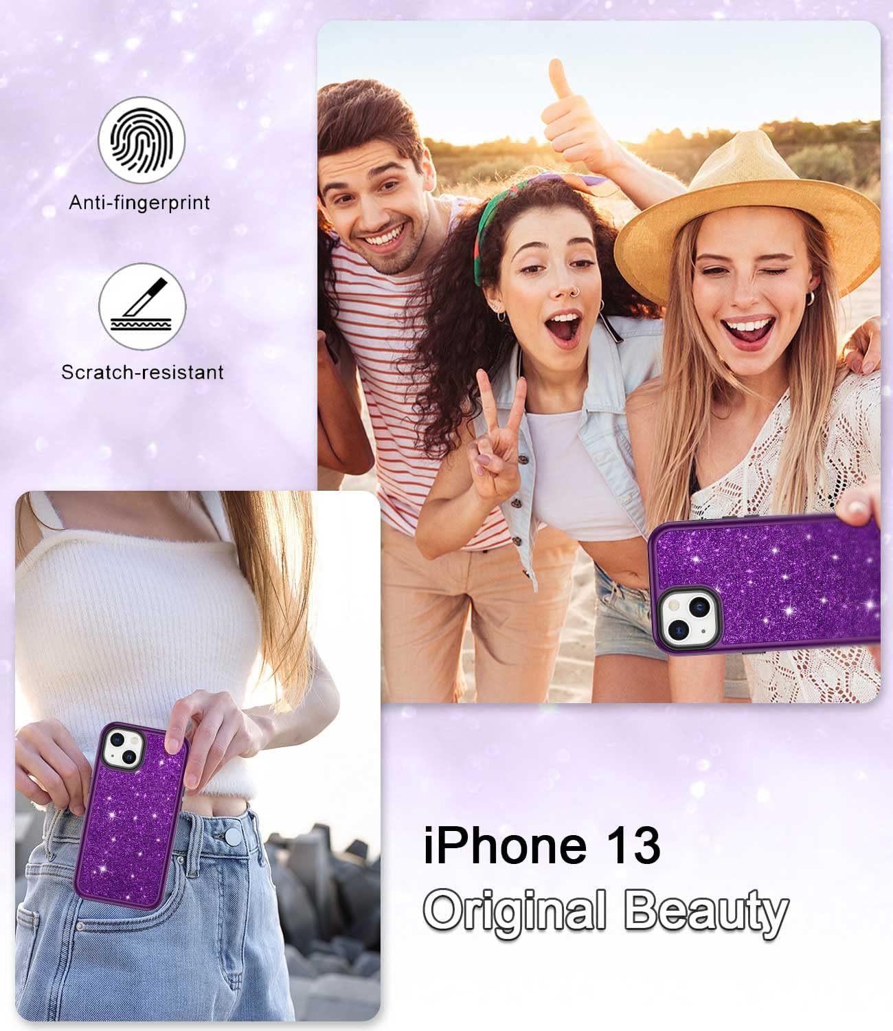 CASEFIV Funda de mármol para iPhone 13, 3 en 1, resistente a los golpes, policarbonato duro y silicona, 6.1 pulgadas, purpurina púrpura oscuro